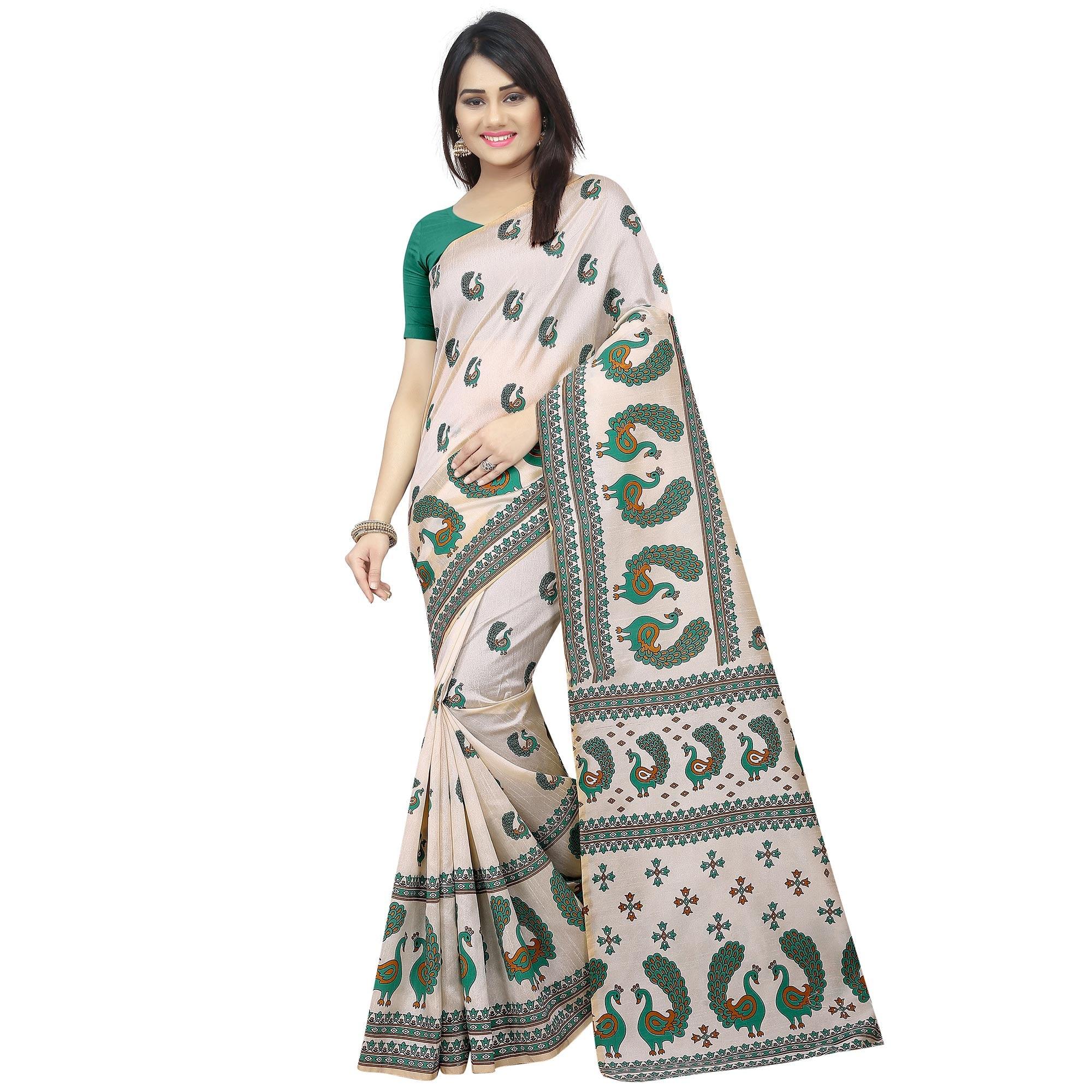 Intricate Off White-Green Colored Casual Printed Bhagalpuri Silk Saree - Peachmode