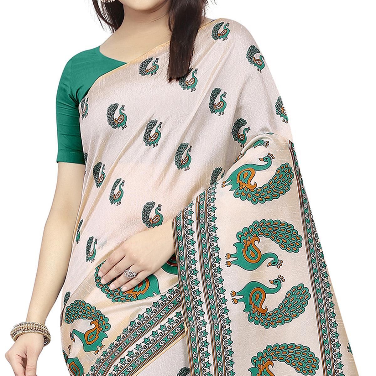 Intricate Off White-Green Colored Casual Printed Bhagalpuri Silk Saree - Peachmode