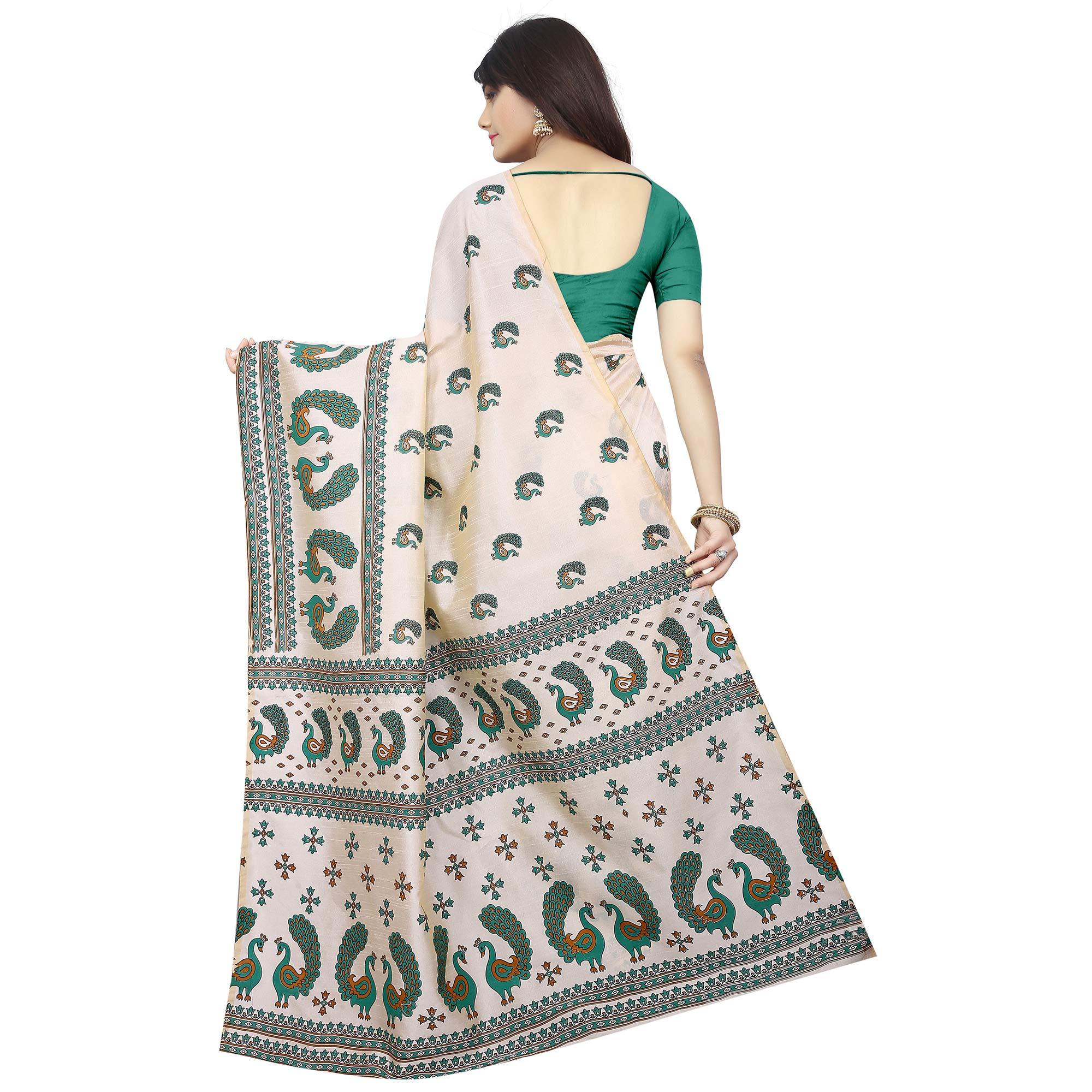 Intricate Off White-Green Colored Casual Printed Bhagalpuri Silk Saree - Peachmode