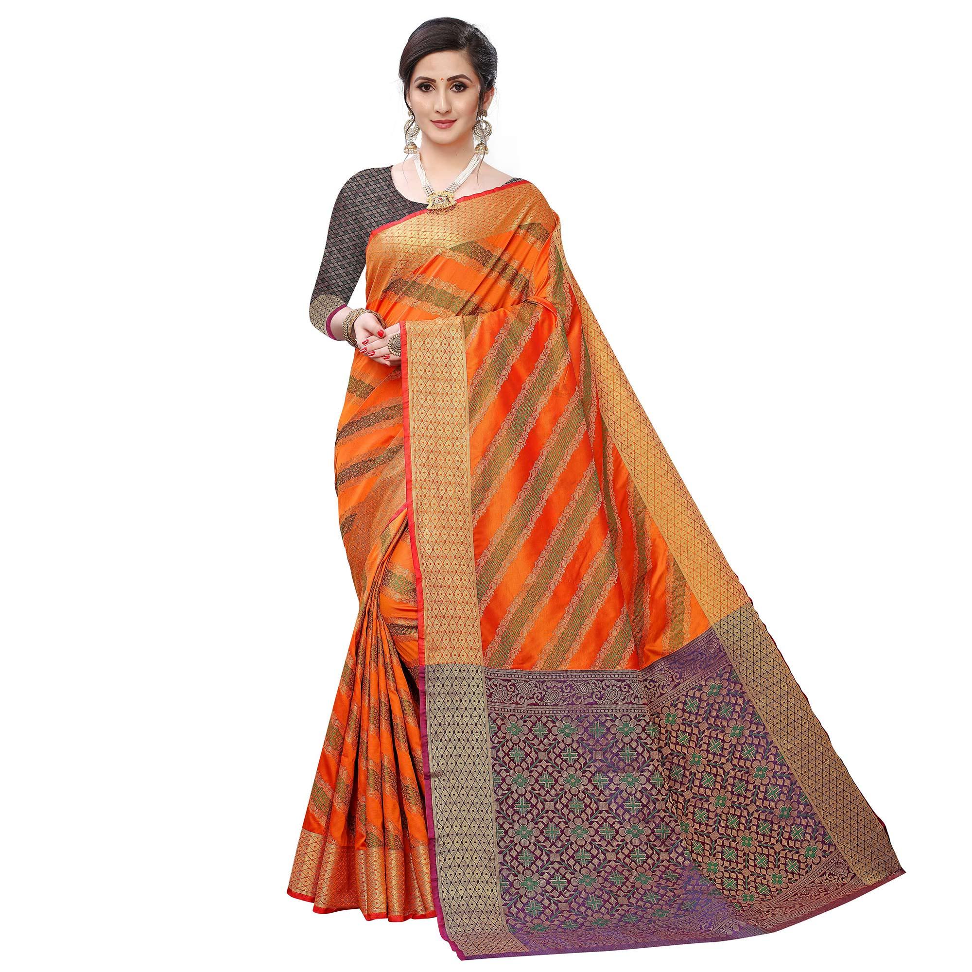 Intricate Orange Colored Festive Wear Woven Kanjivaram Silk Saree - Peachmode
