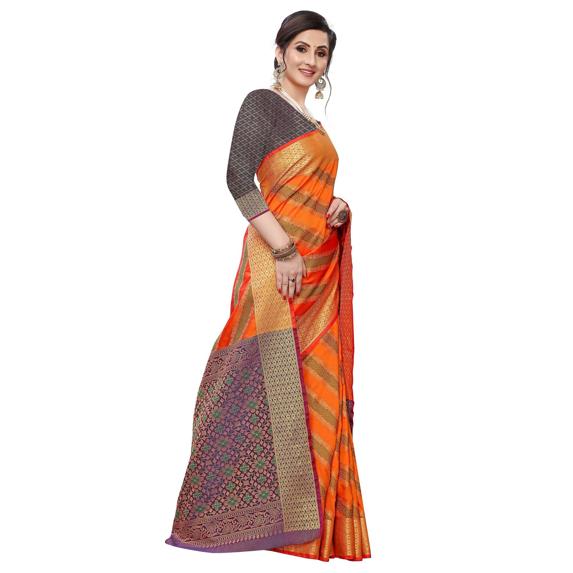 Intricate Orange Colored Festive Wear Woven Kanjivaram Silk Saree - Peachmode