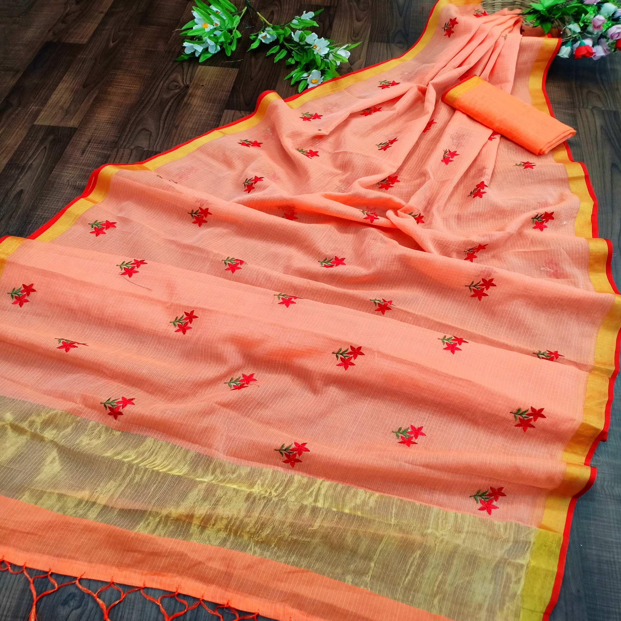 Intricate Orange Colored Festive Wear Woven Silk Saree - Peachmode