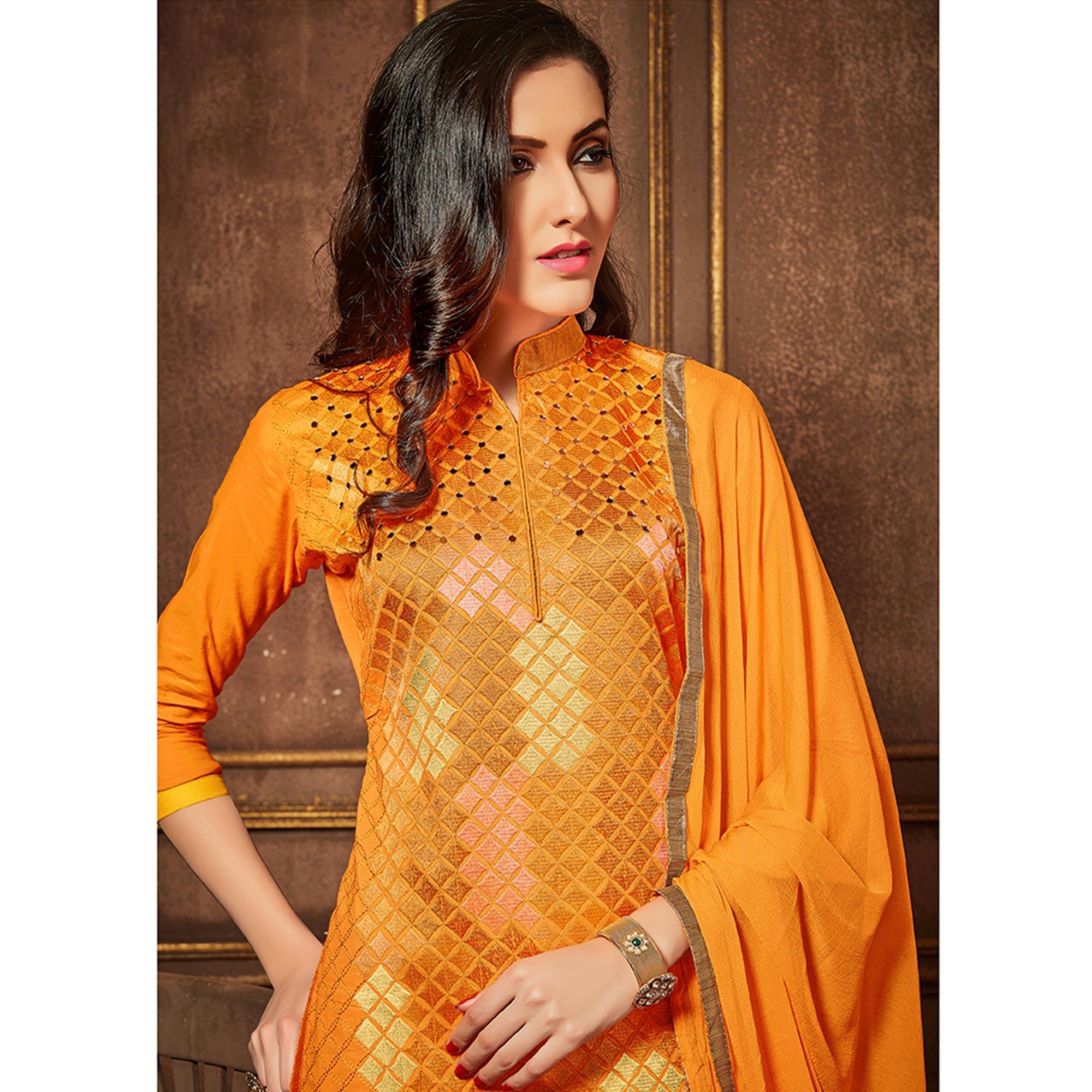 Intricate Orange Colored Party Wear Embroidered Cotton Suit - Peachmode