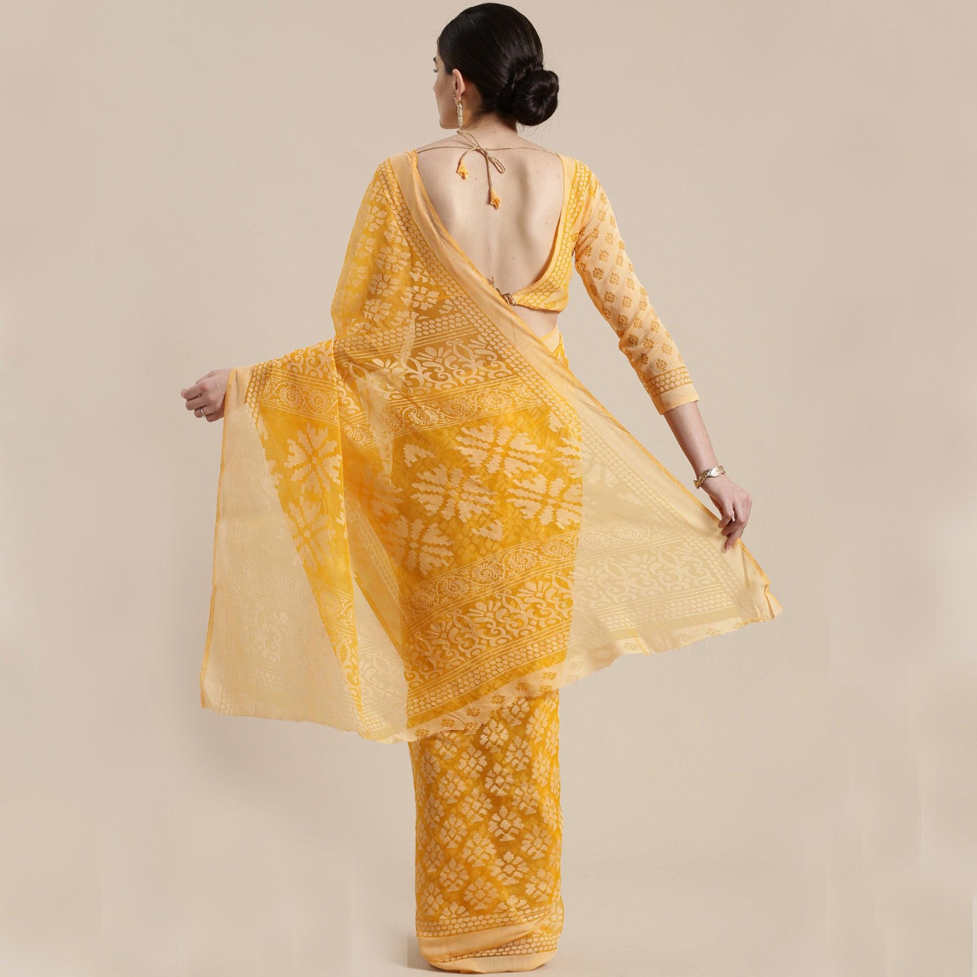 Intricate Orange Colored Party Wear Geometric Brasso Saree - Peachmode