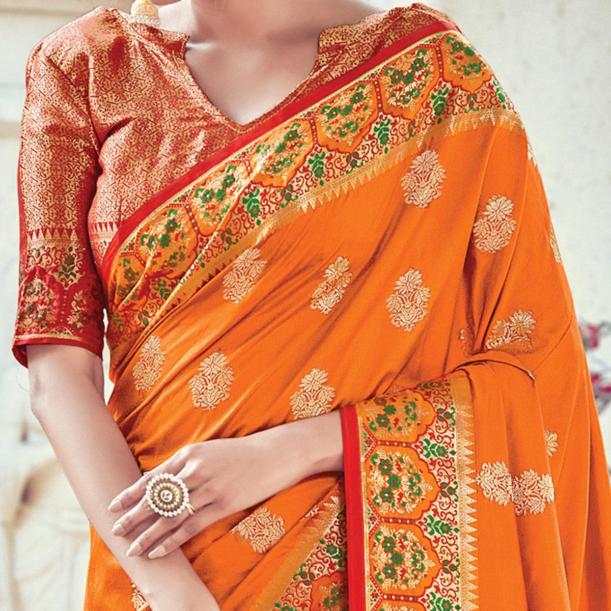 Intricate Orange Coloured Festive Wear Woven Silk Saree - Peachmode