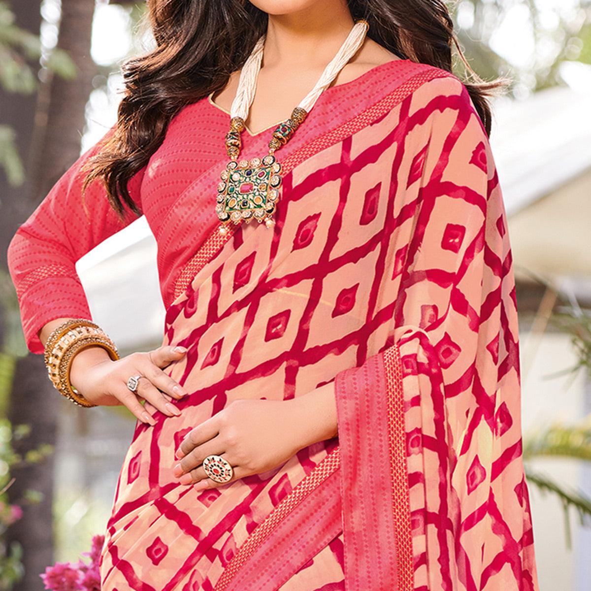 Intricate Peach Colored Partywear Printed Georgette Saree - Peachmode