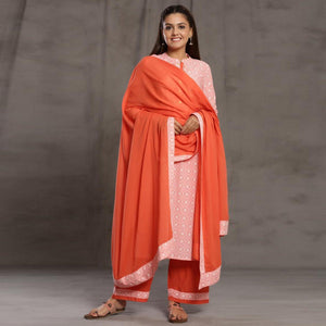 Intricate Pink Colored Casual Wear Cotton Kurti - Palazzo Set With Dupatta - Peachmode