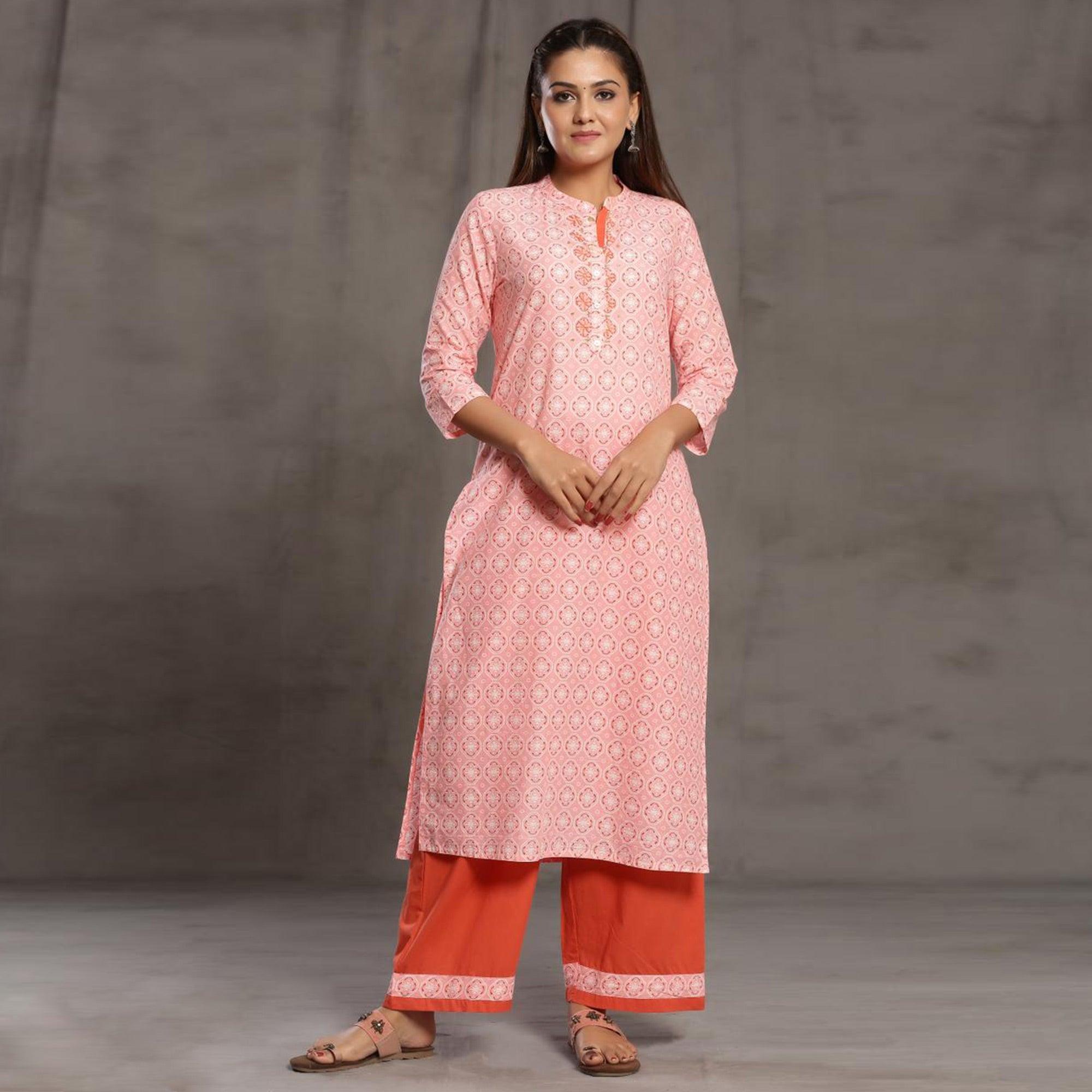 Intricate Pink Colored Casual Wear Cotton Kurti - Palazzo Set With Dupatta - Peachmode