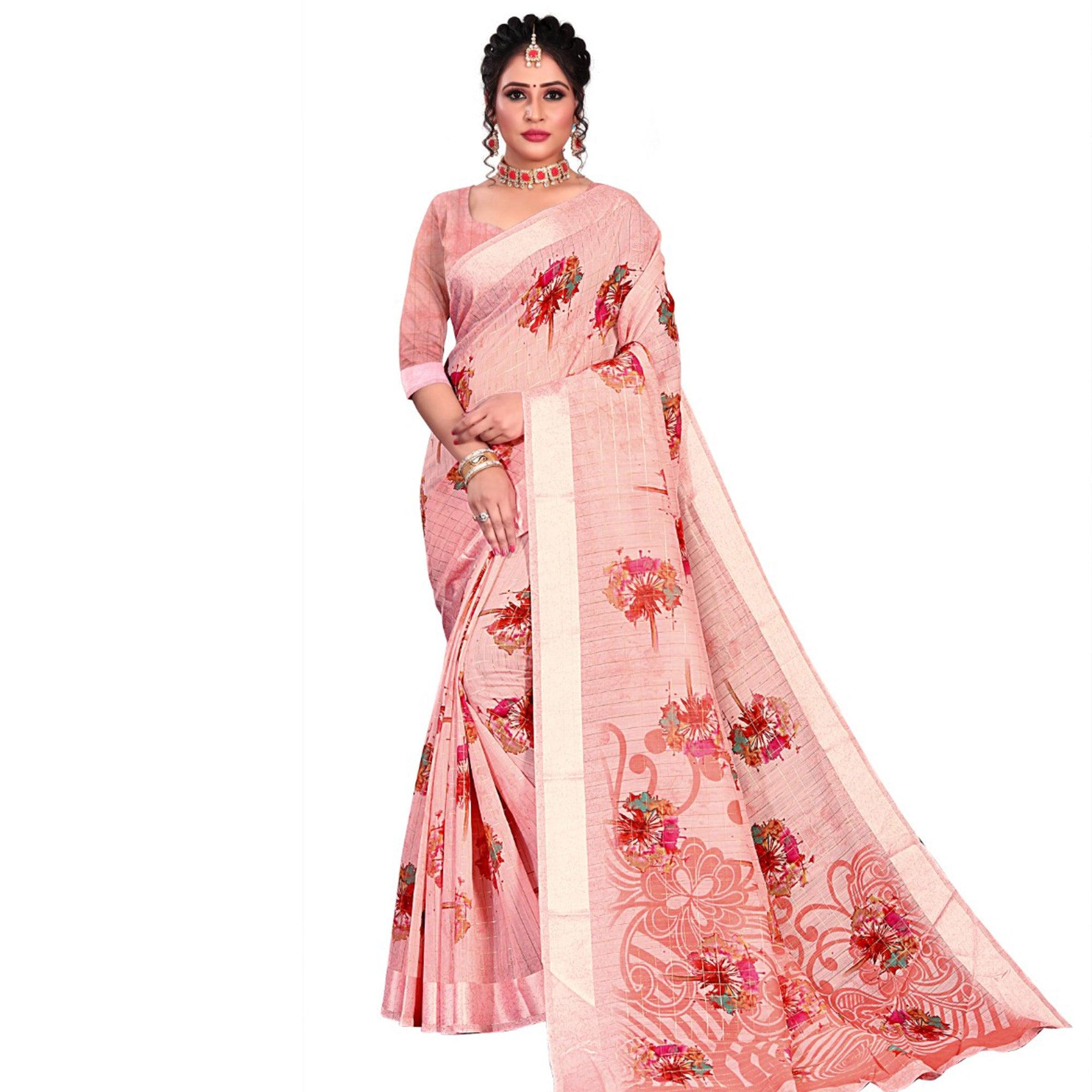 Intricate Pink Colored Casual Wear Printed Cotton Saree - Peachmode