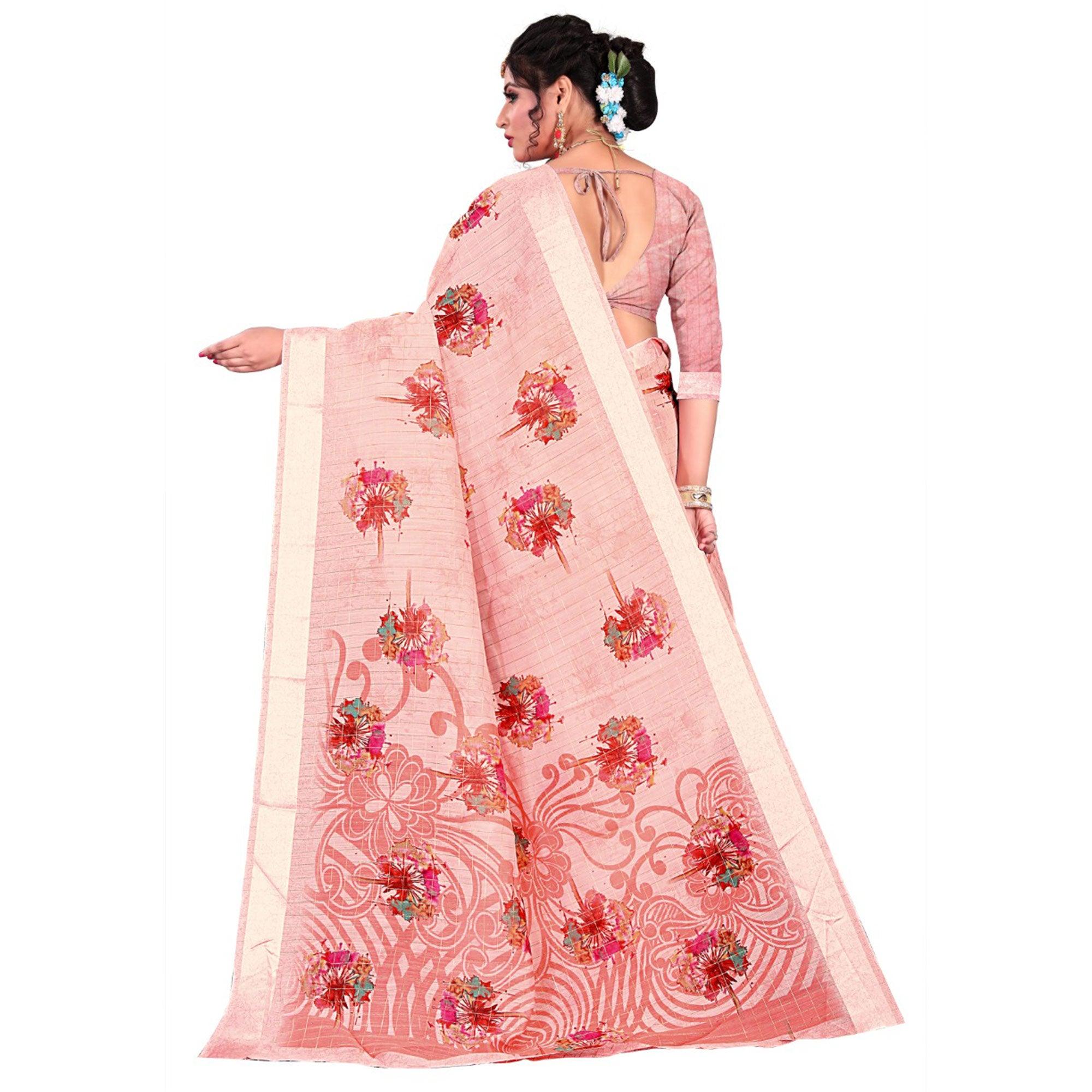 Intricate Pink Colored Casual Wear Printed Cotton Saree - Peachmode