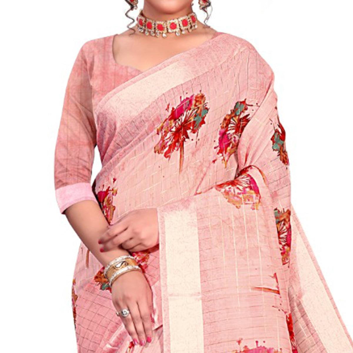 Intricate Pink Colored Casual Wear Printed Cotton Saree - Peachmode