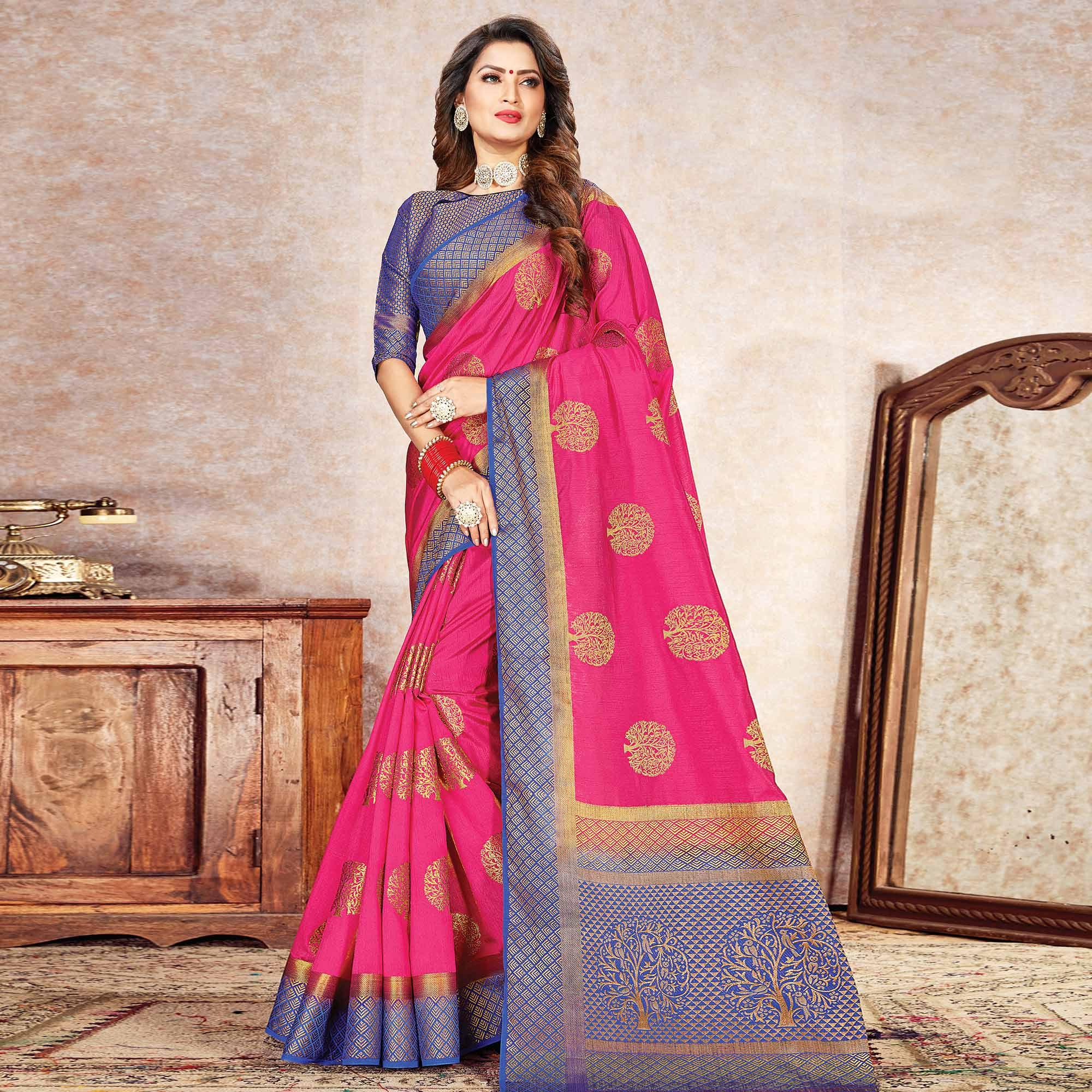 Intricate Pink Colored Festive Wear Woven Cotton Silk Saree - Peachmode