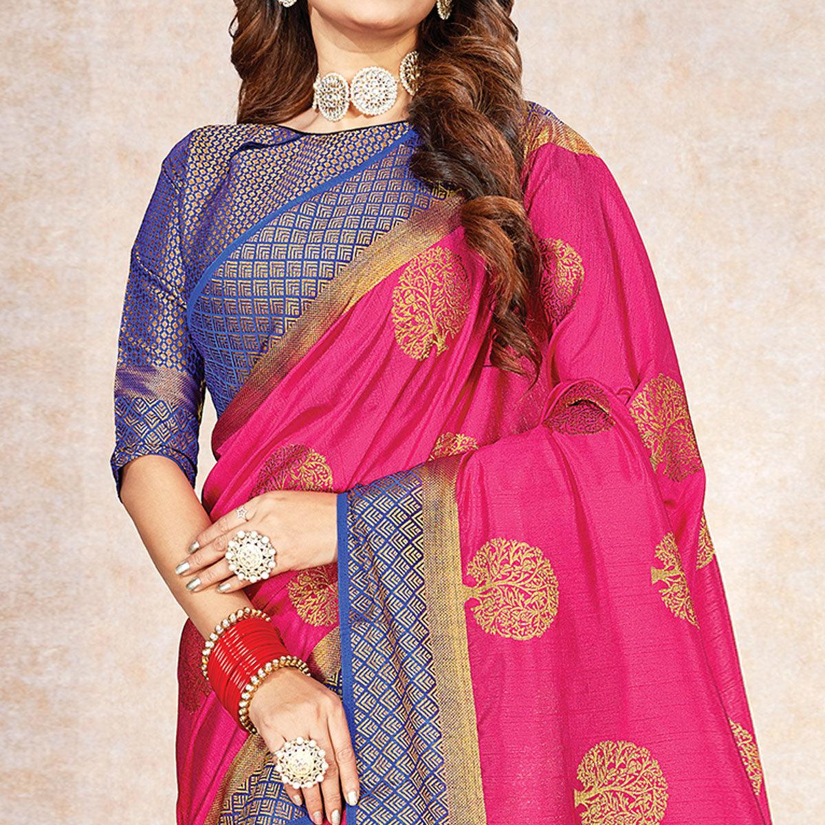 Intricate Pink Colored Festive Wear Woven Cotton Silk Saree - Peachmode