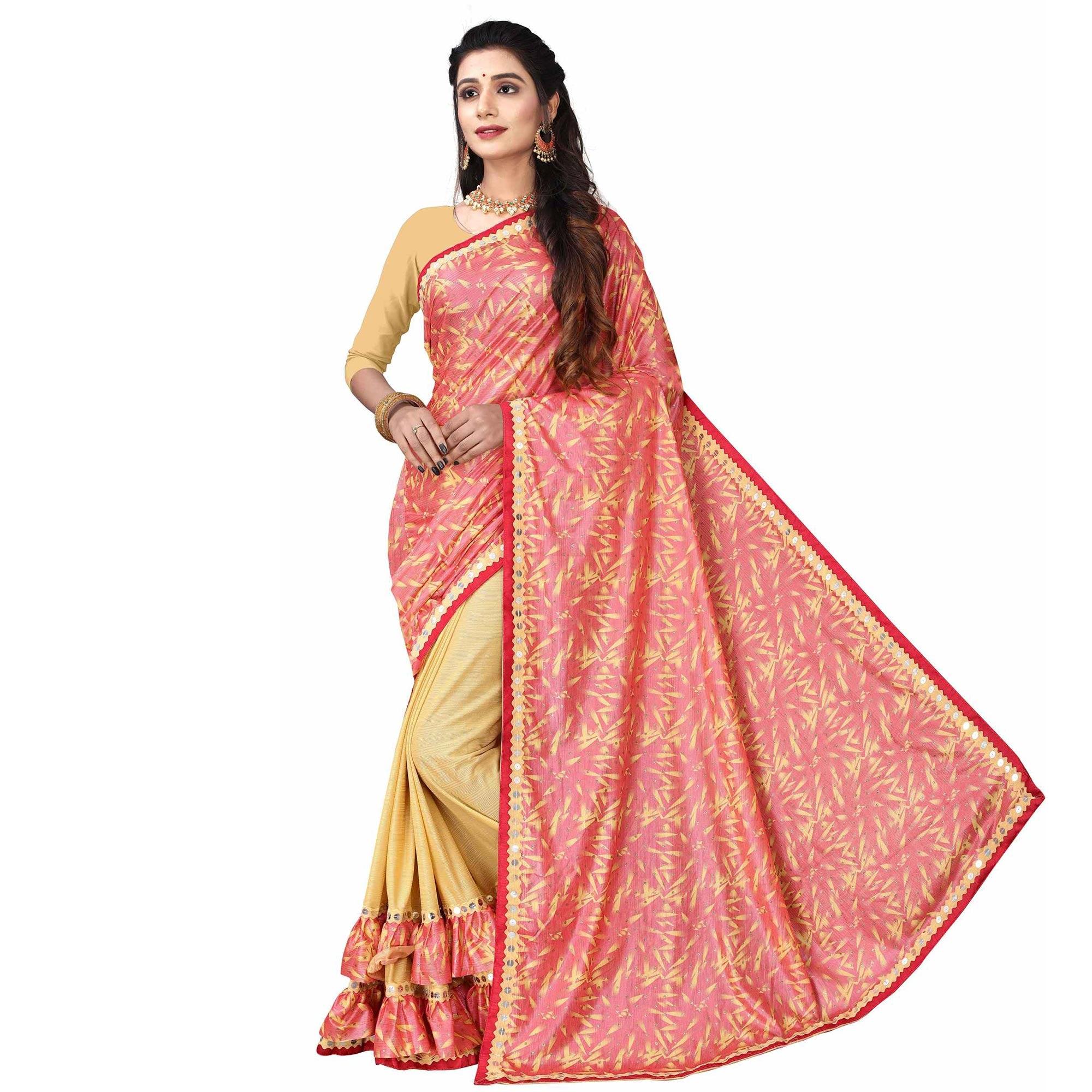 Intricate Pink Colored Party Wear Printed Art Silk Half & Half Saree - Peachmode