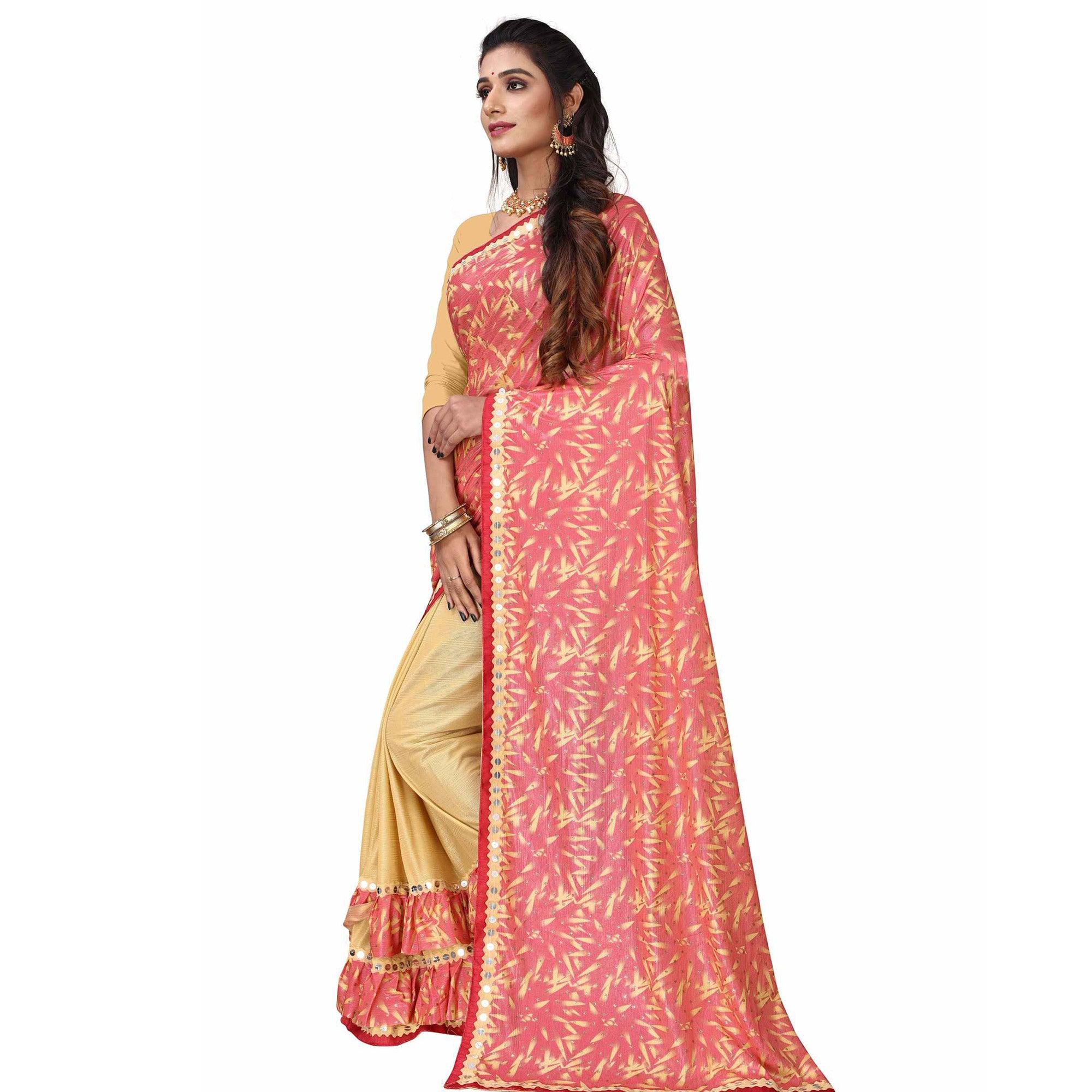 Intricate Pink Colored Party Wear Printed Art Silk Half & Half Saree - Peachmode