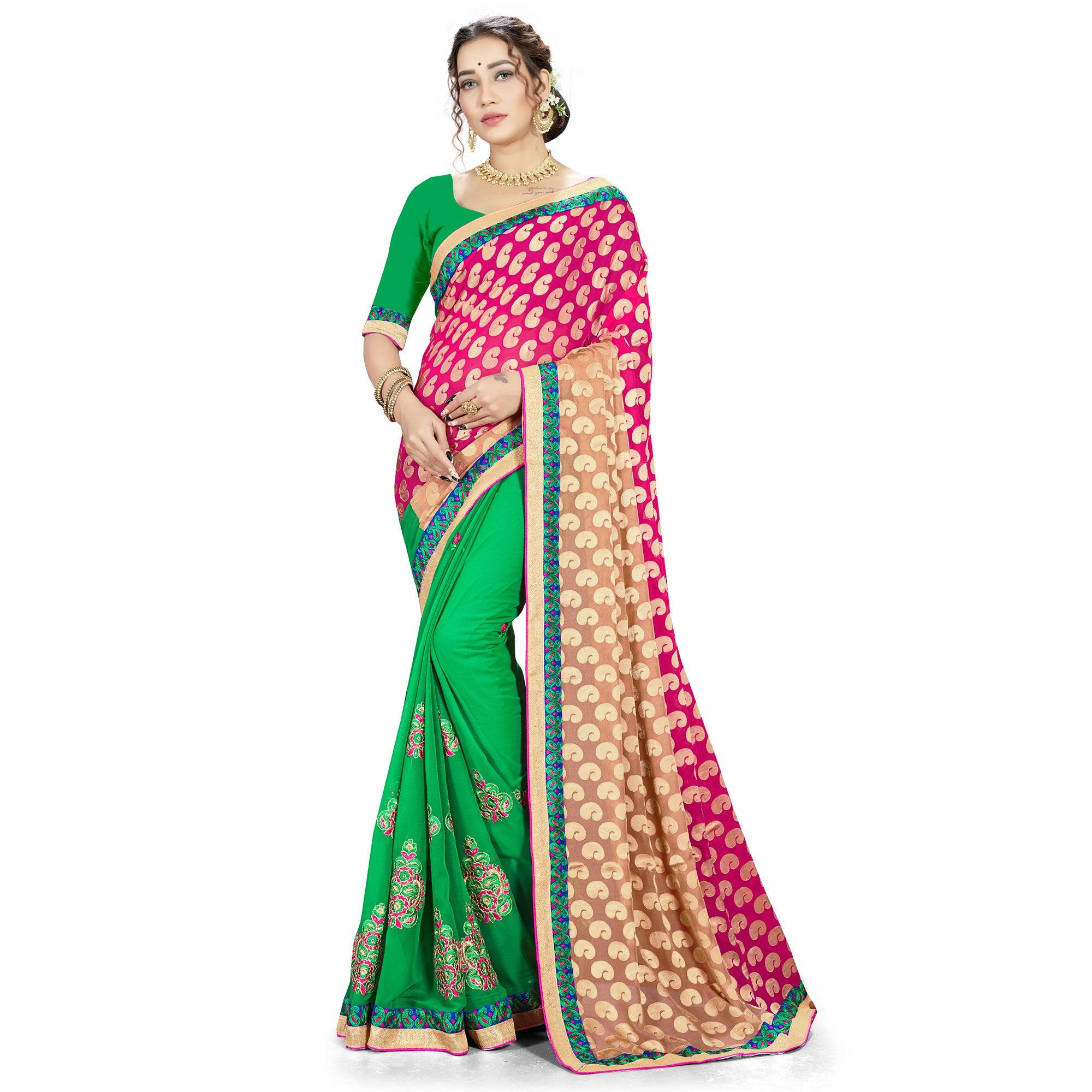 Intricate Pink-Green Colored party Wear Embroidered Georgette Half-Half Saree - Peachmode