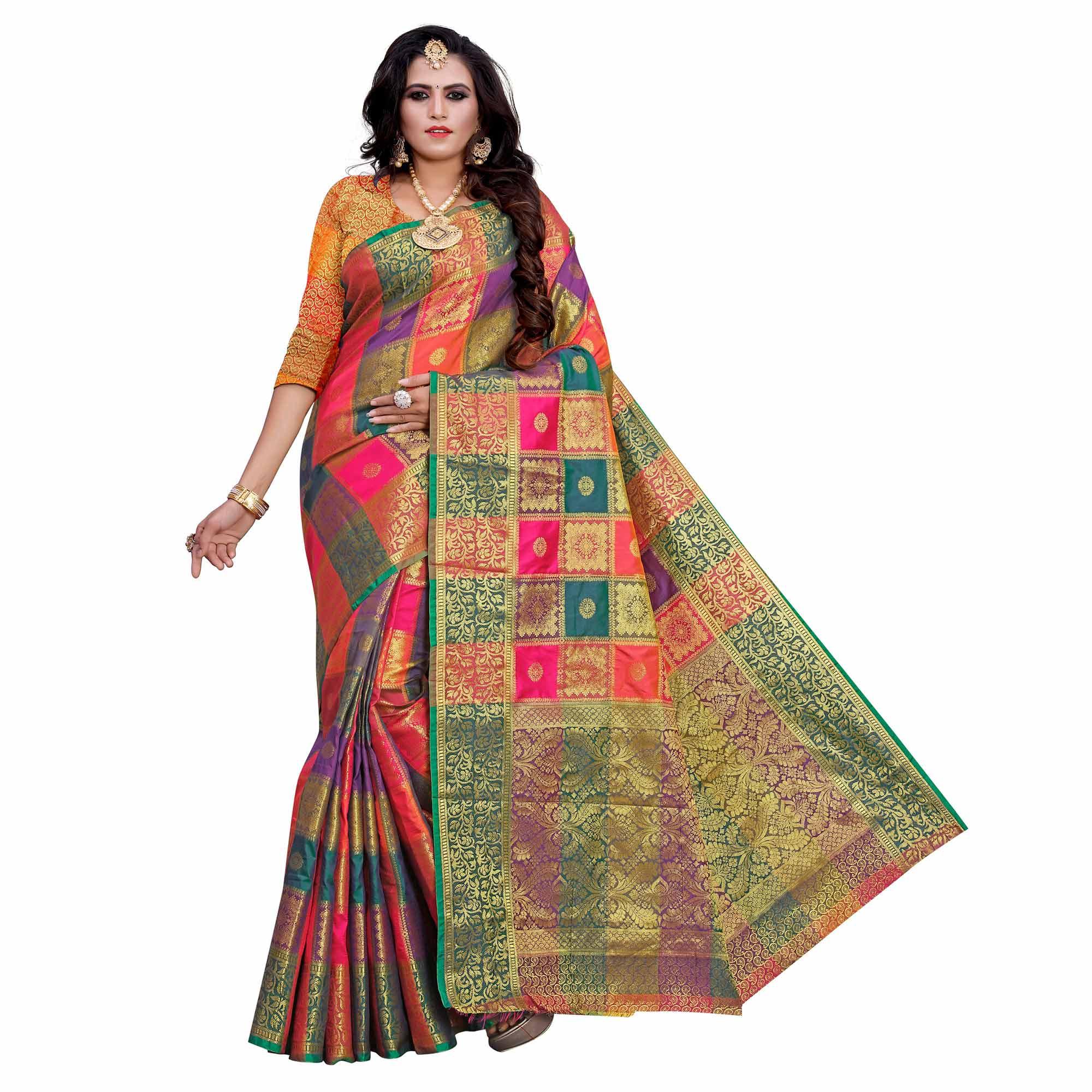 Intricate Pink-Multi Colored Festive Wear Woven Work Art Silk Saree - Peachmode