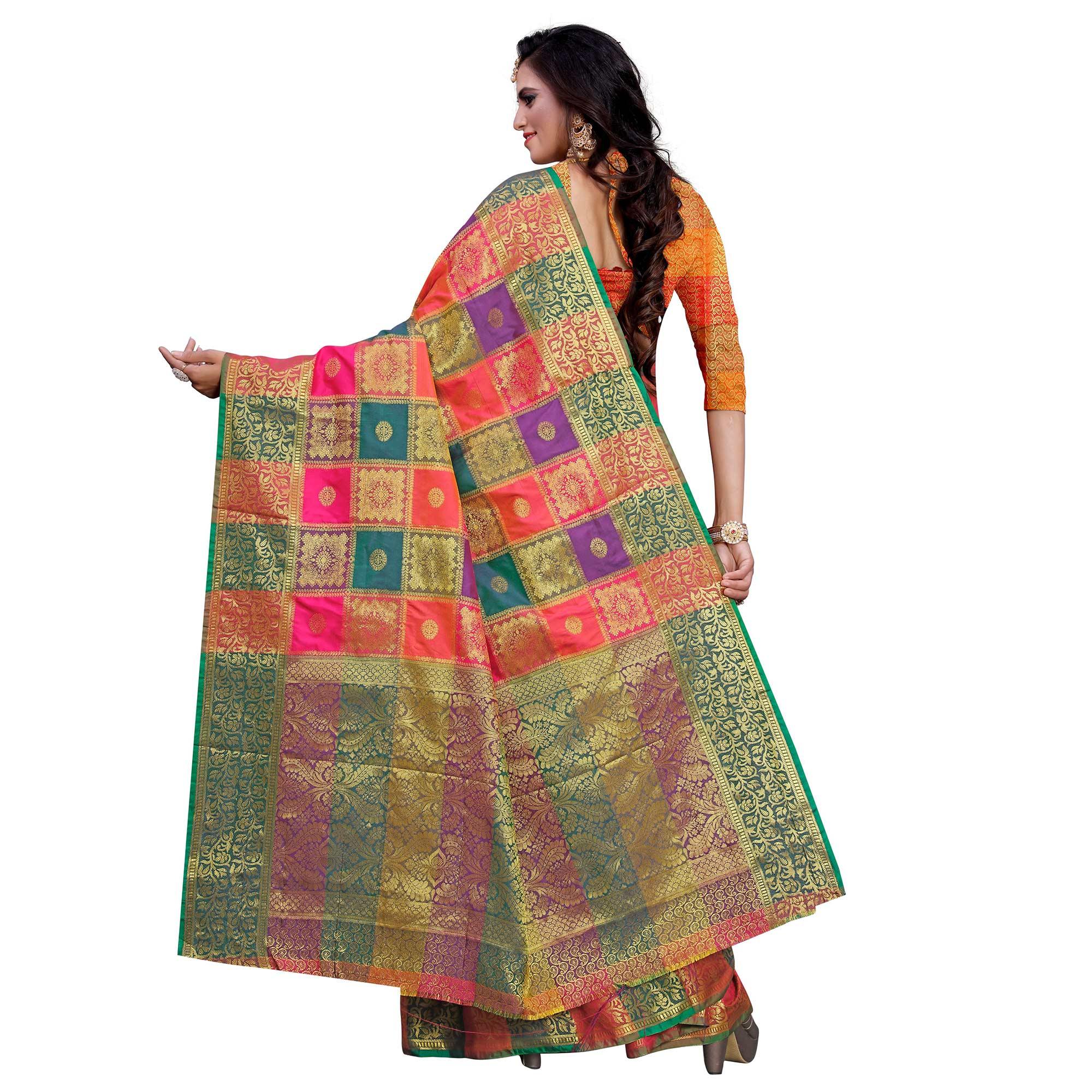 Intricate Pink-Multi Colored Festive Wear Woven Work Art Silk Saree - Peachmode