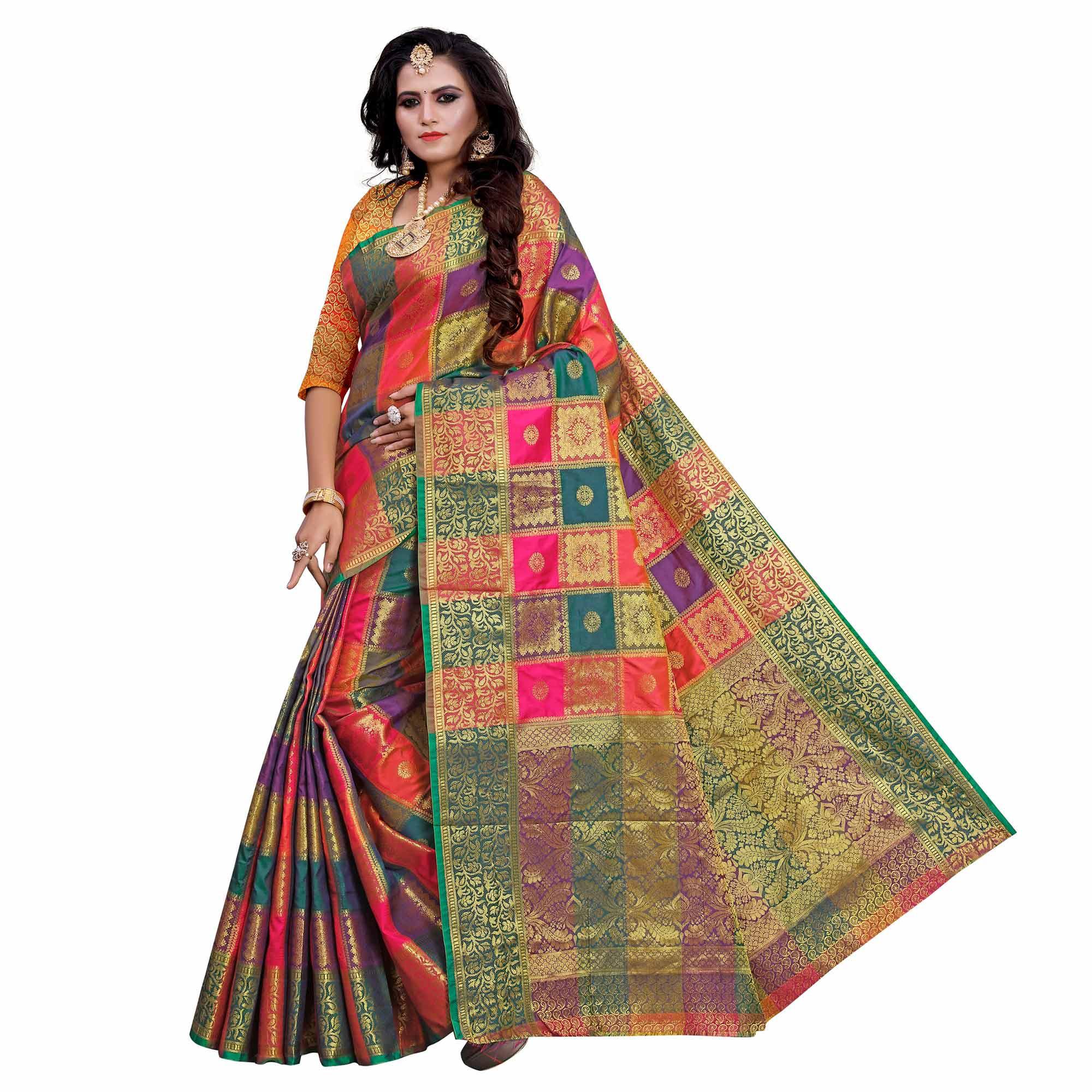 Intricate Pink-Multi Colored Festive Wear Woven Work Art Silk Saree - Peachmode