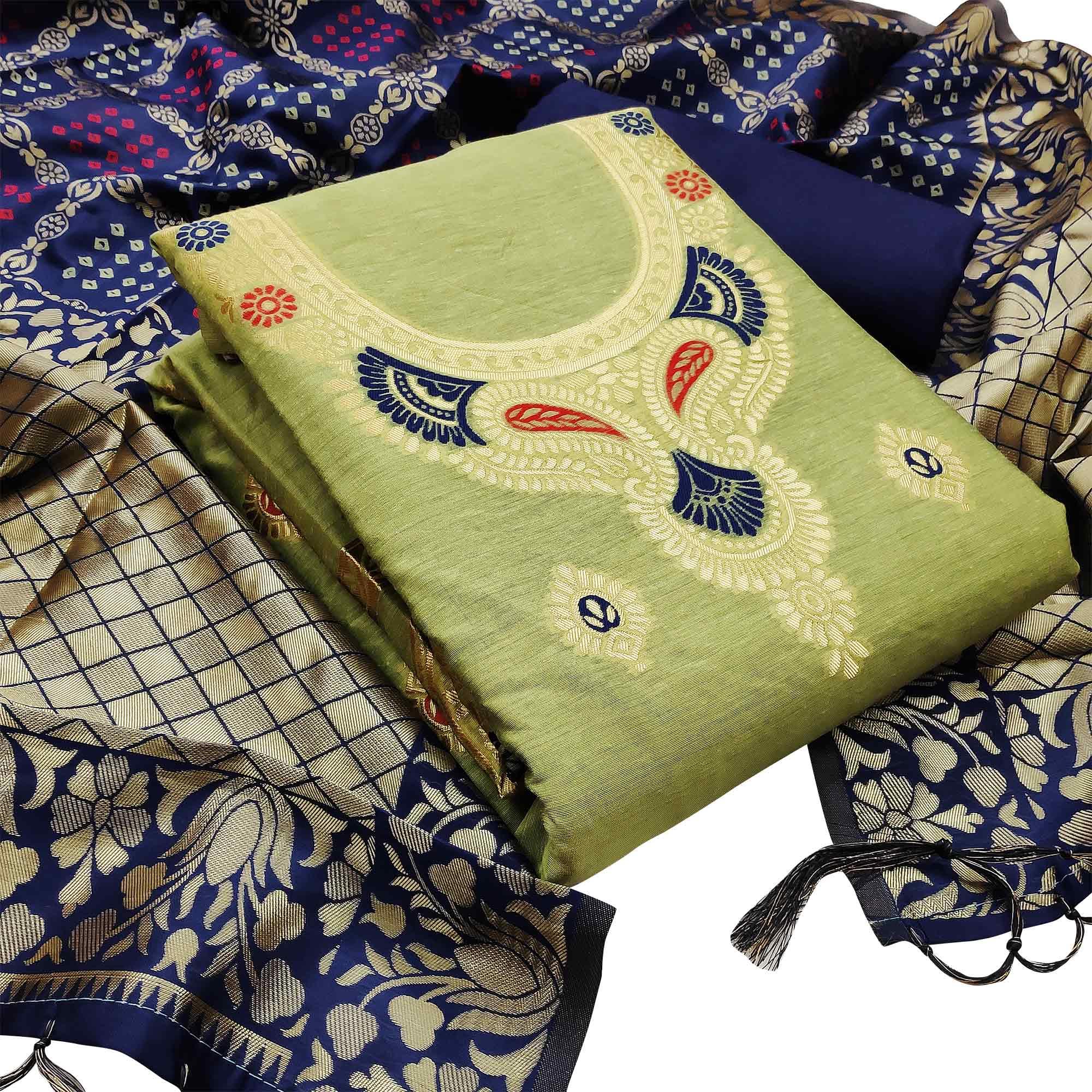 Intricate Pista Green Colored Festive Wear Woven Banarasi Silk Dress Material - Peachmode