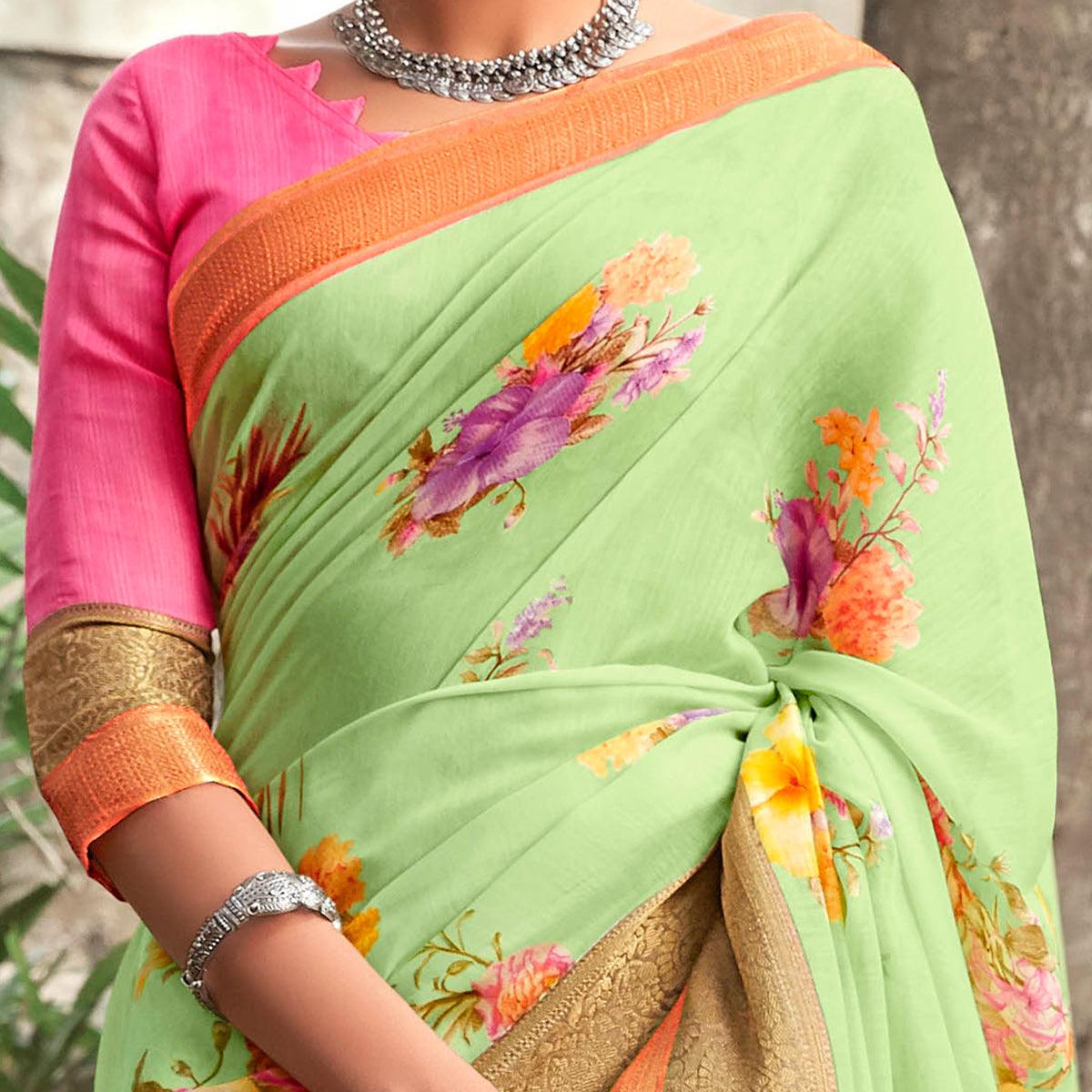 Intricate Pista Green Colored Partywear Floral Printed Linen Silk Saree - Peachmode