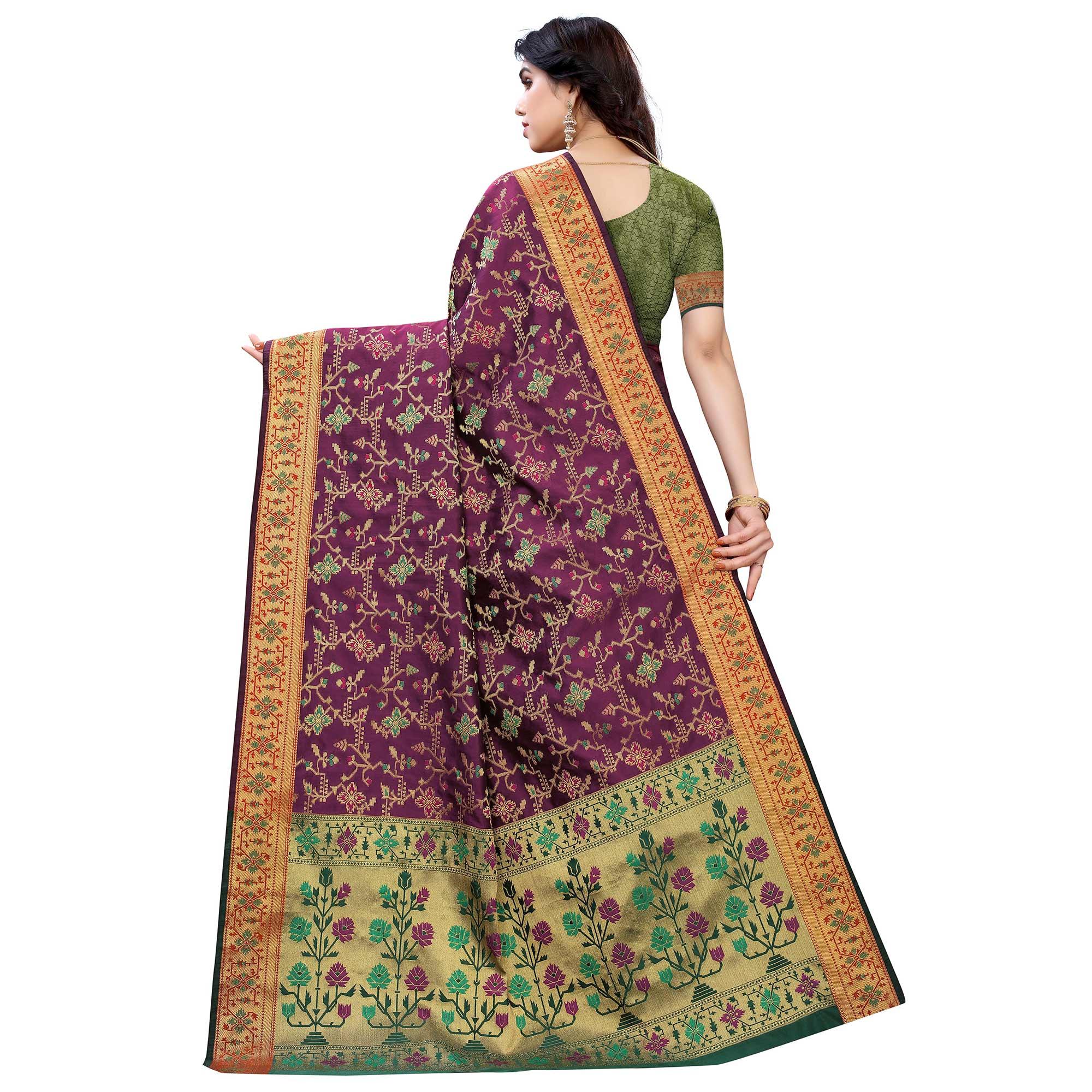 Intricate Purple Colored Festive Wear Woven Silk Saree - Peachmode