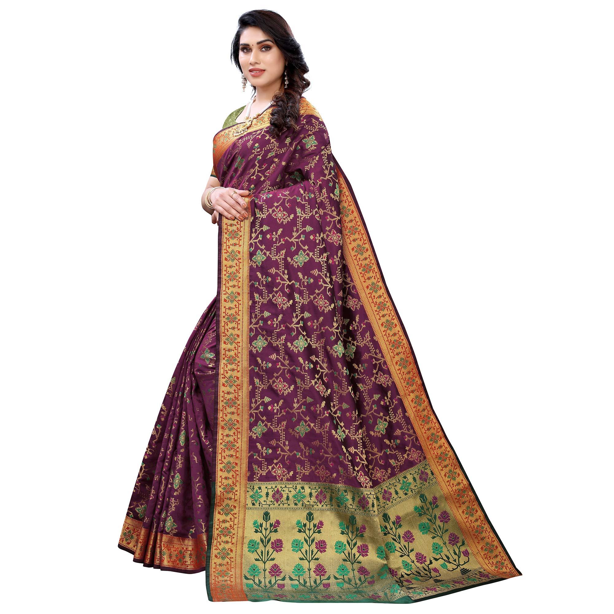 Intricate Purple Colored Festive Wear Woven Silk Saree - Peachmode