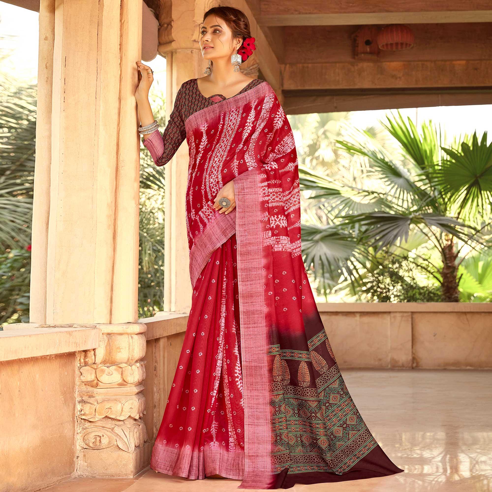 Intricate Red Colored Digital Printed Festive Wear Linen Designer Saree - Peachmode