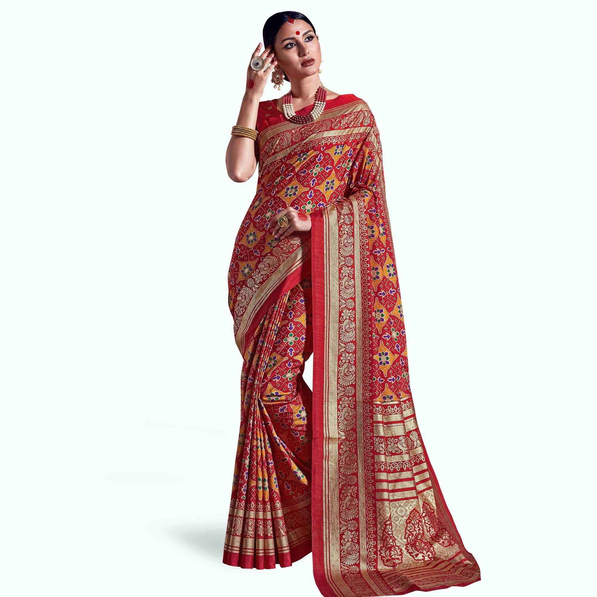 Intricate Red Colored Festive Wear Printed Kanjivaram Silk Saree - Peachmode