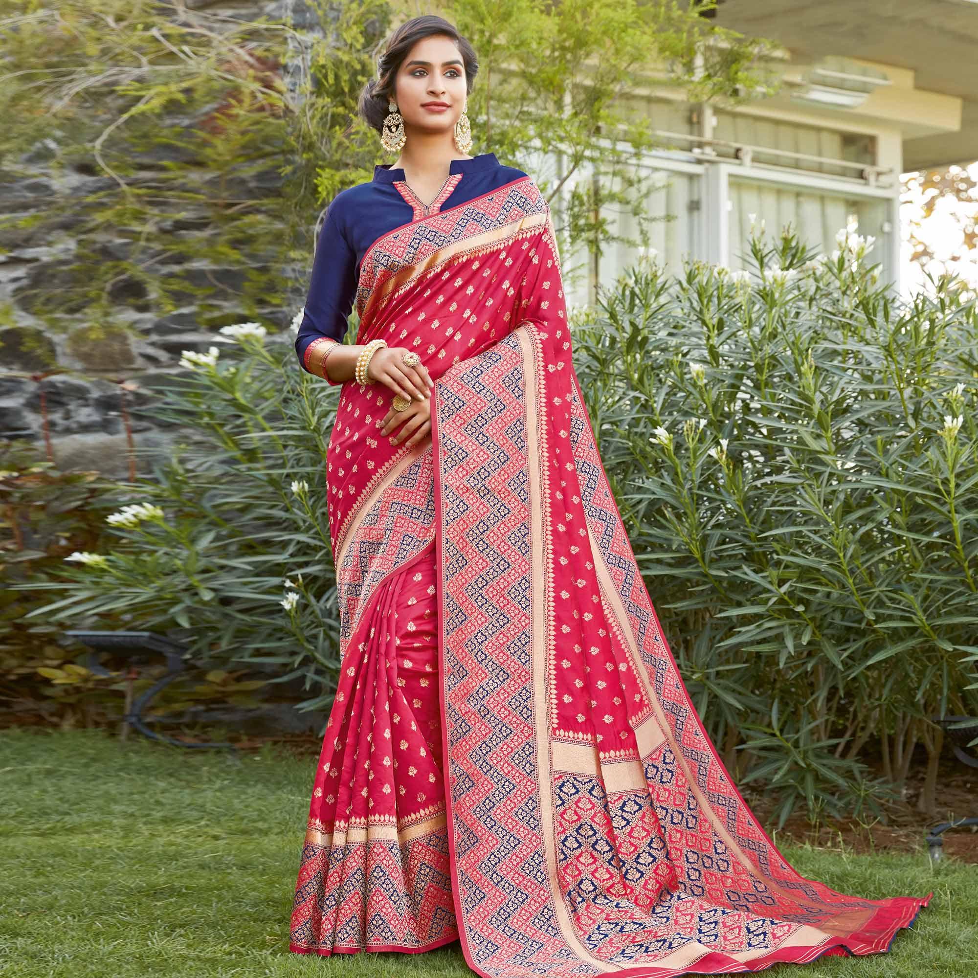 Intricate Red Colored Festive Wear Woven Silk Saree - Peachmode