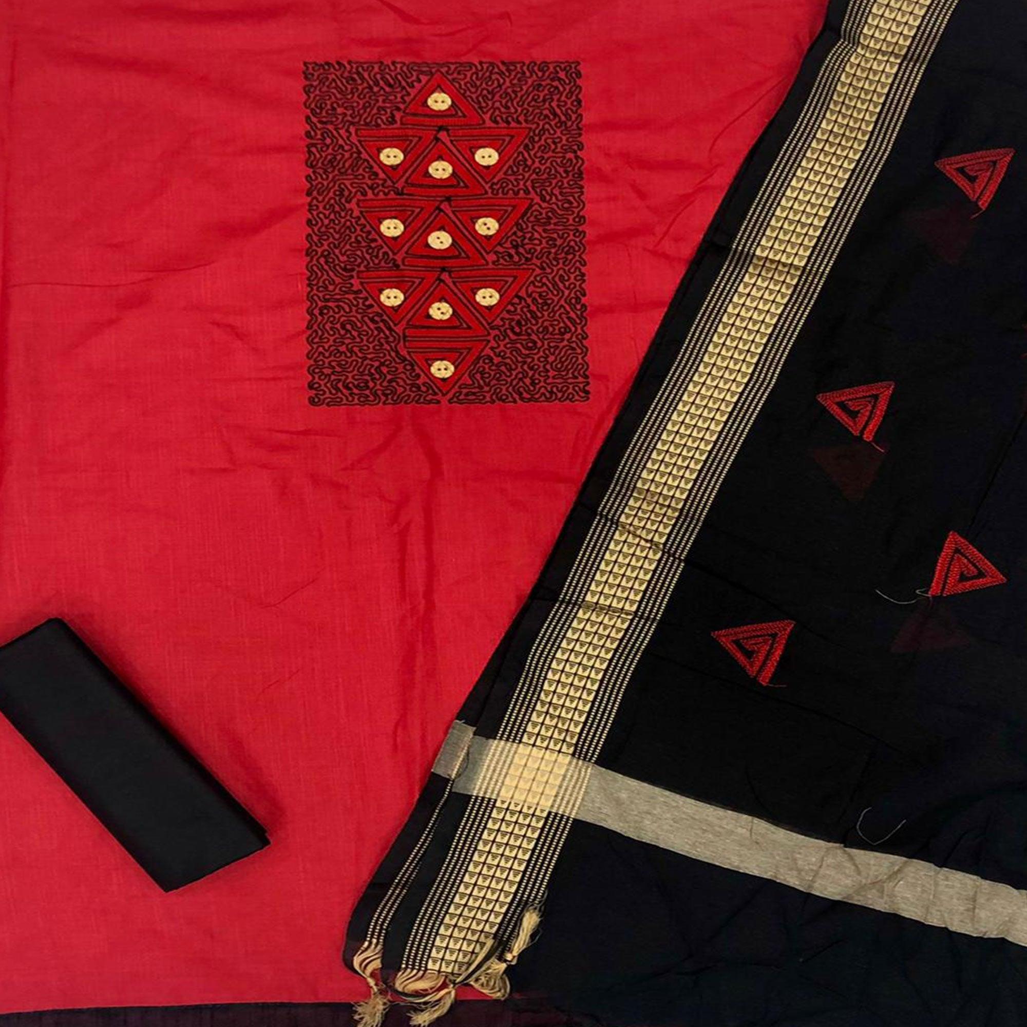 Intricate Red Coloured Casual Wear Embroidered Cotton Dress Material - Peachmode