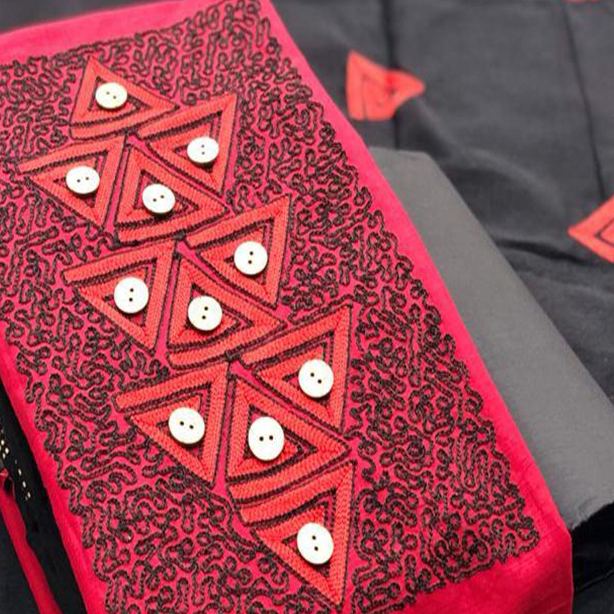 Intricate Red Coloured Casual Wear Embroidered Cotton Dress Material - Peachmode