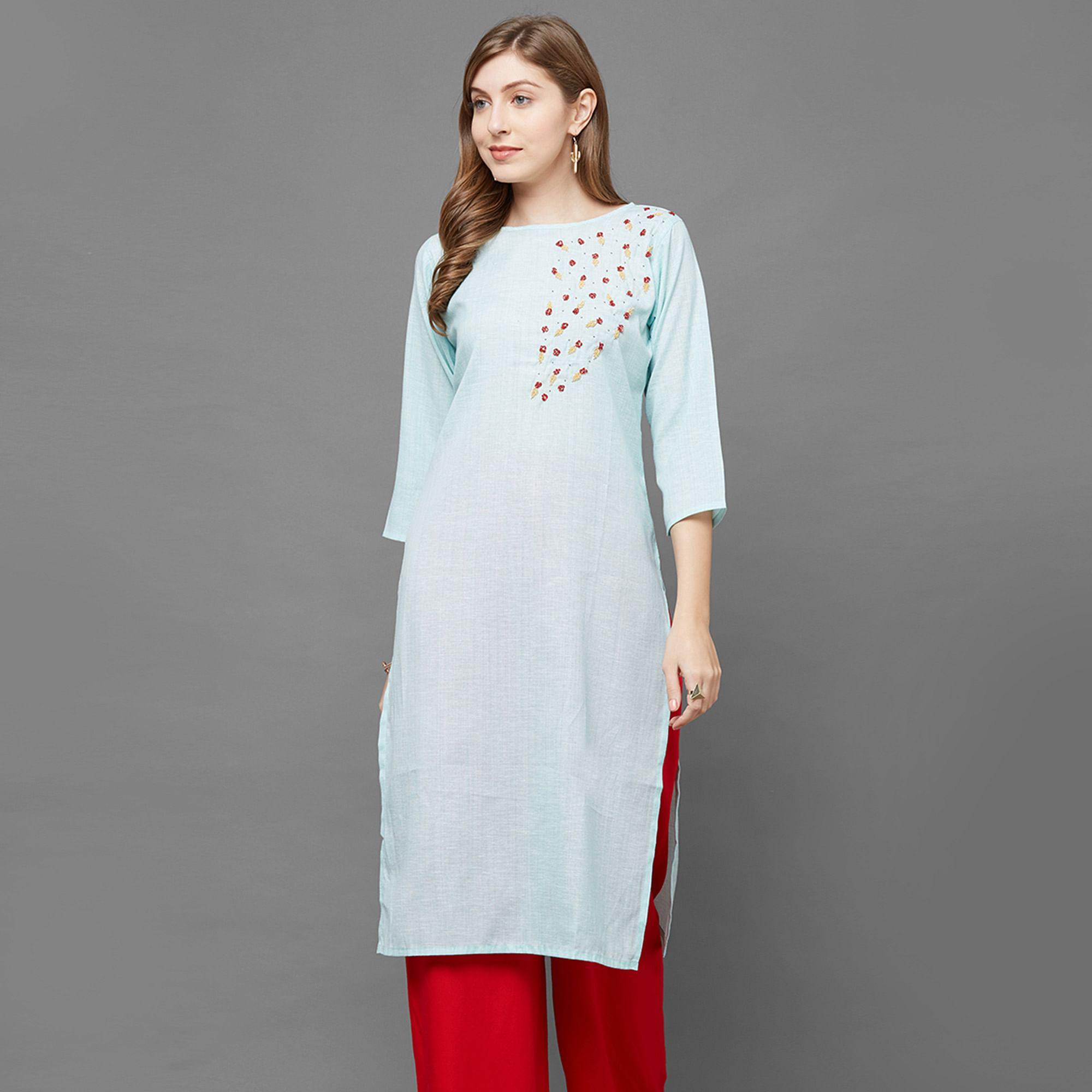 Intricate Sky Blue Colored Casual Hand Embroidered Cotton Kurti - Peachmode