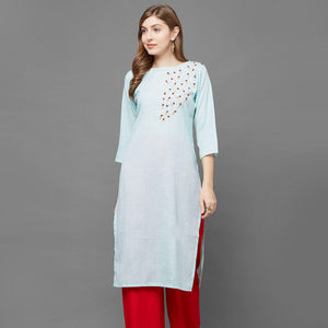 Intricate Sky Blue Colored Casual Hand Embroidered Cotton Kurti - Peachmode