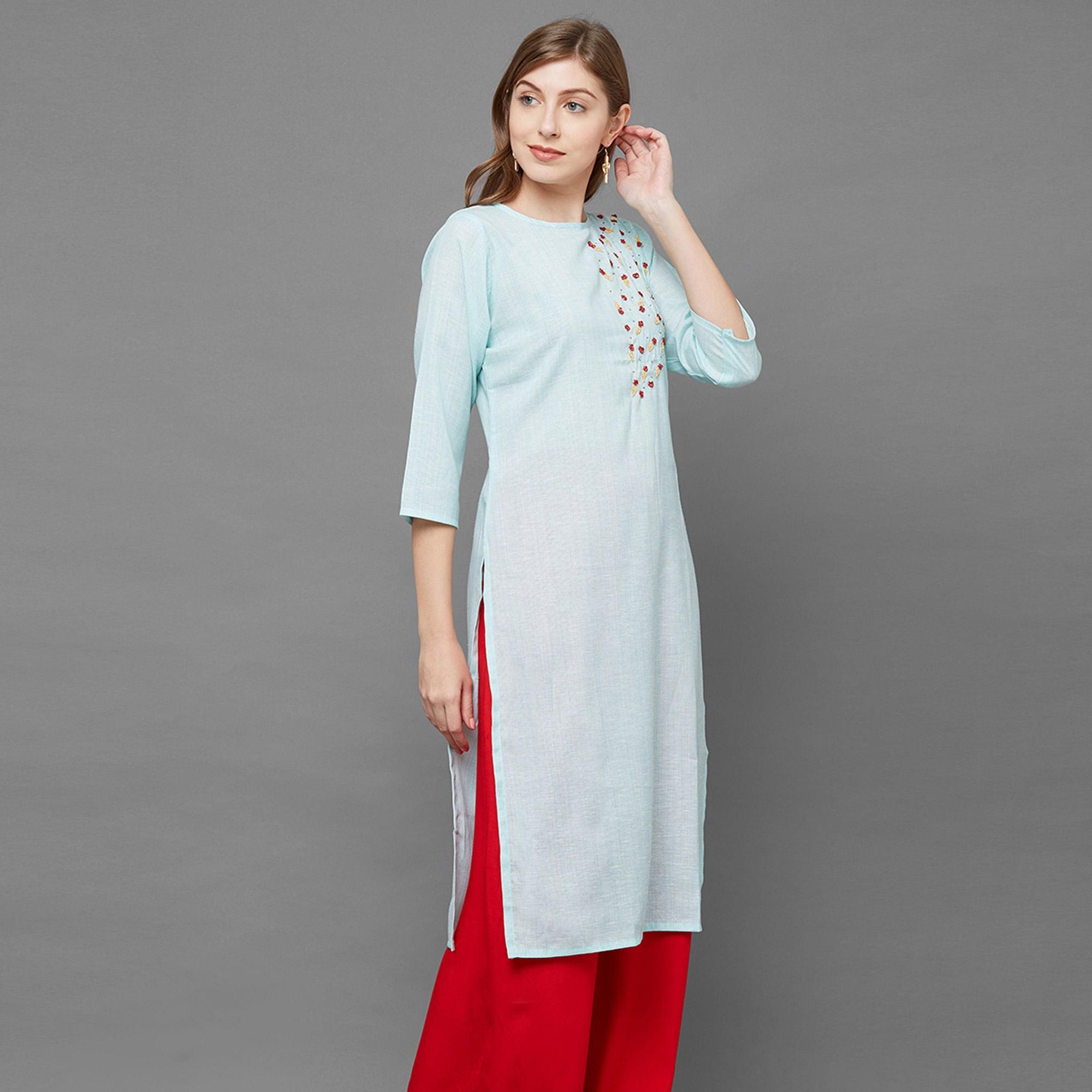 Intricate Sky Blue Colored Casual Hand Embroidered Cotton Kurti - Peachmode