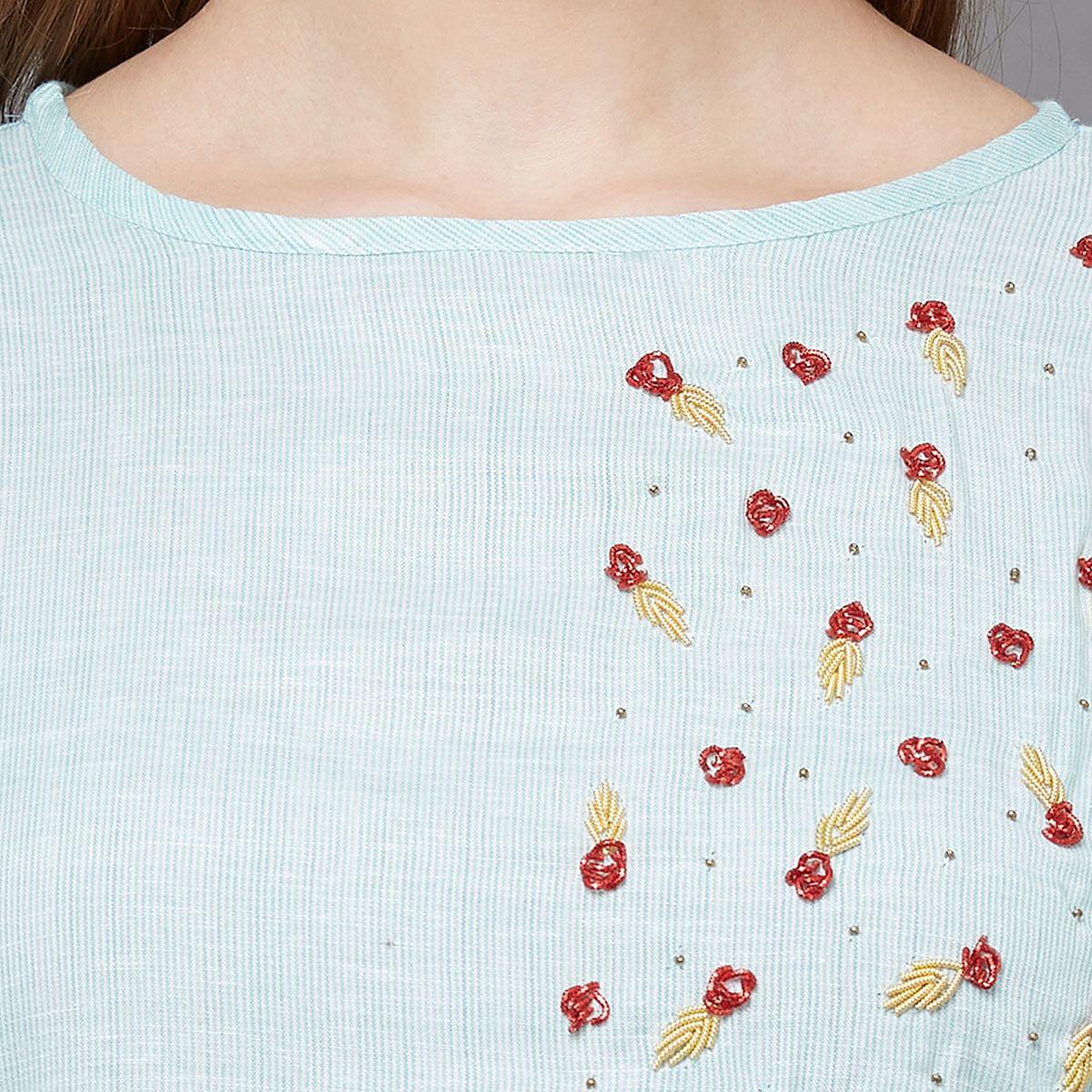 Intricate Sky Blue Colored Casual Hand Embroidered Cotton Kurti - Peachmode