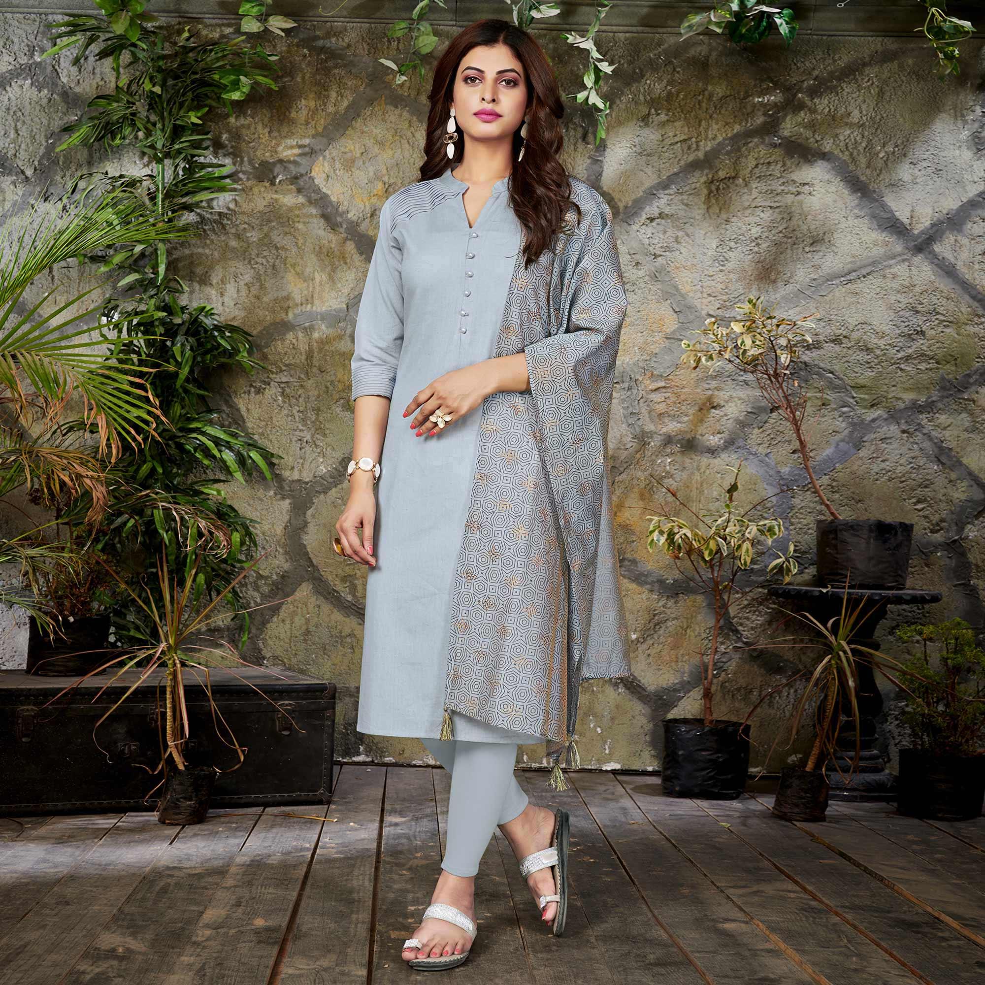 Intricate White Colored Casual Wear Cotton Kurti With Dupatta - Peachmode