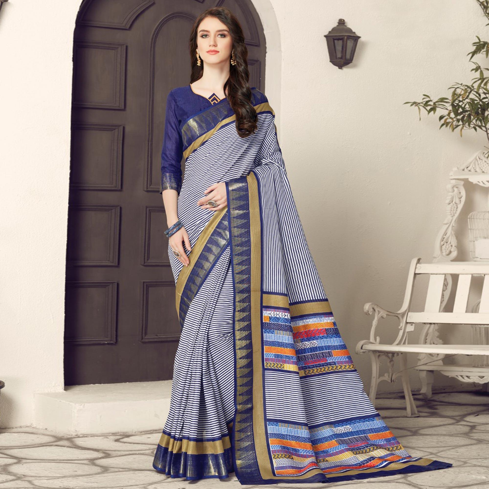 Intricate White-Navy Blue Colored Casual Printed Bhagalpuri Silk Saree - Peachmode