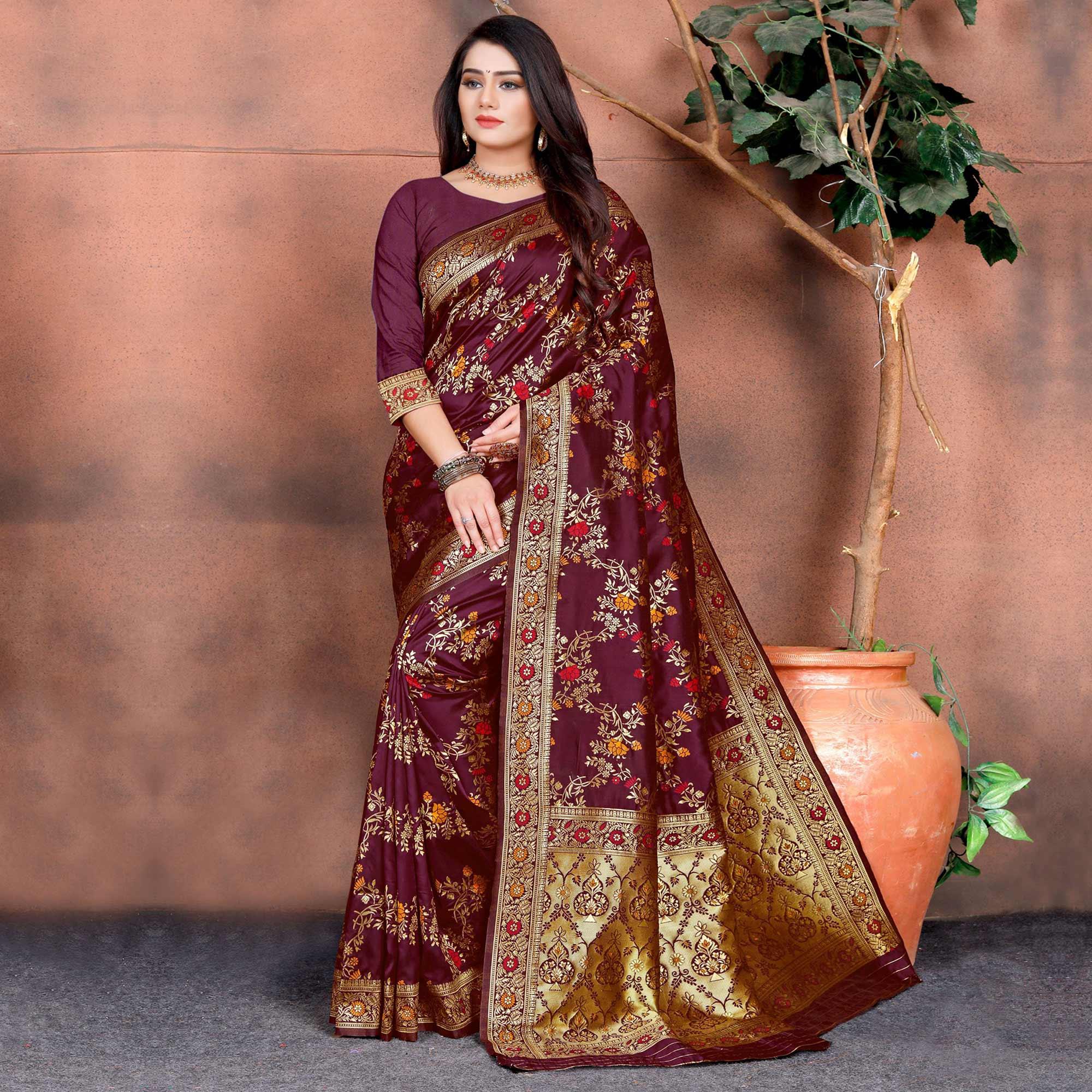 Intricate Wine Colored Festive Wear Woven Silk Saree - Peachmode