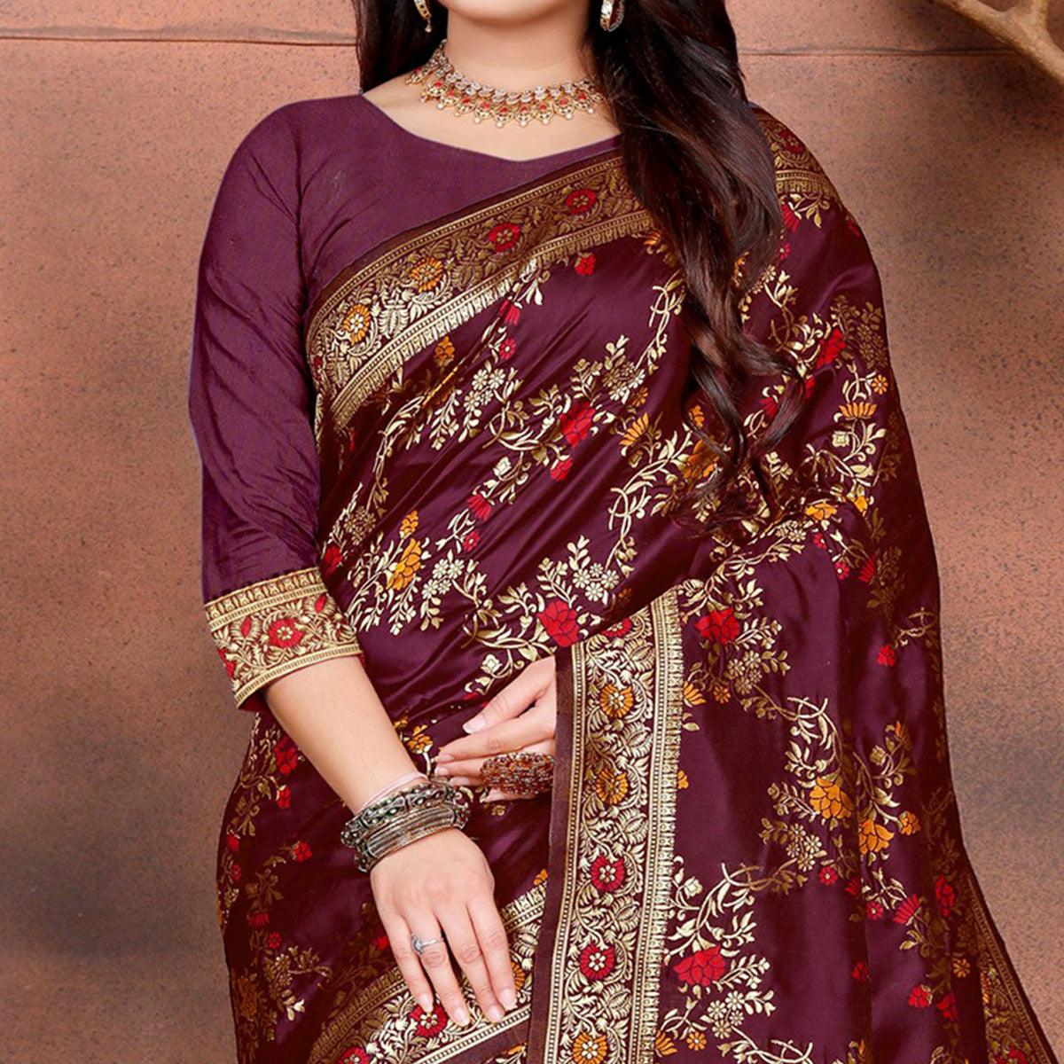 Intricate Wine Colored Festive Wear Woven Silk Saree - Peachmode