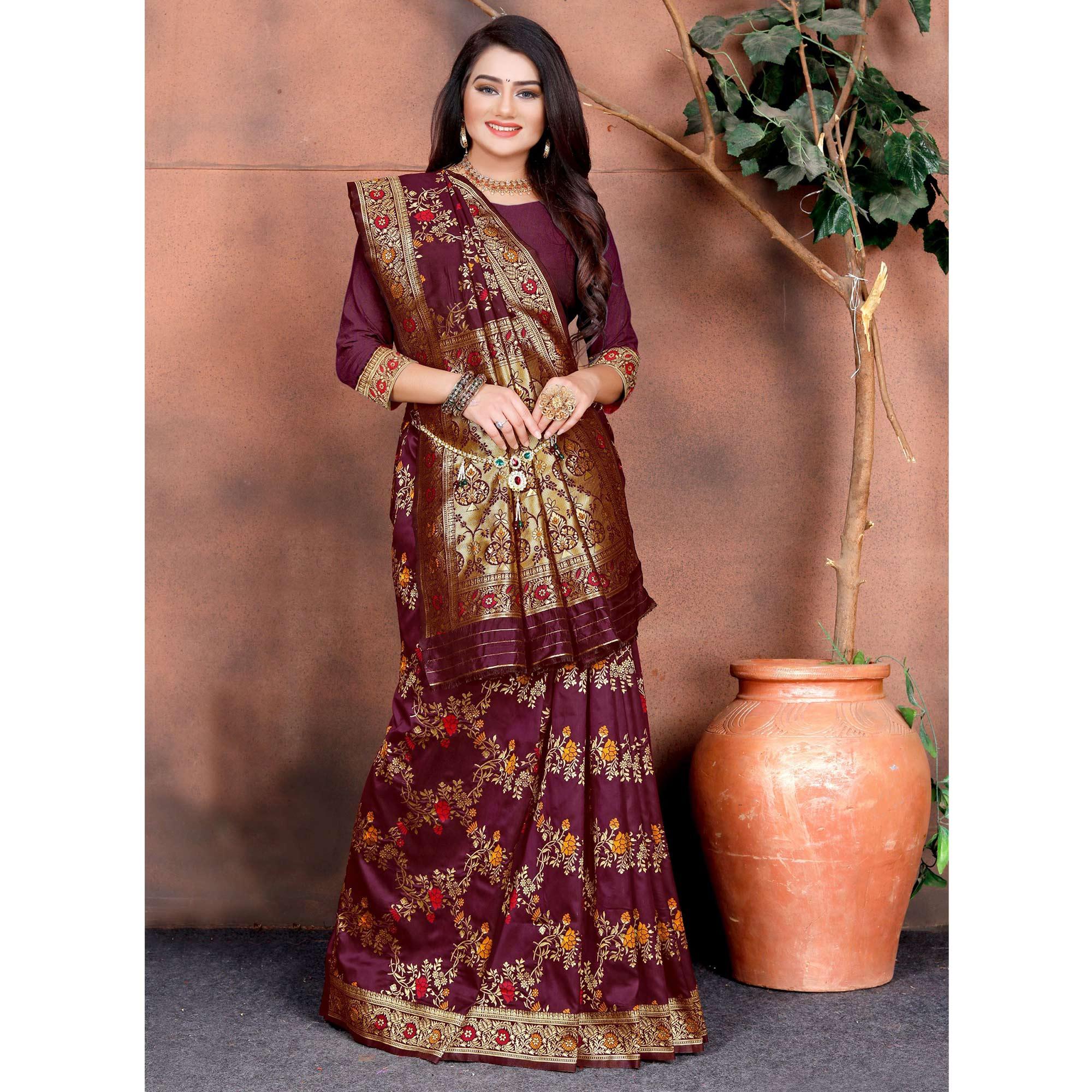 Intricate Wine Colored Festive Wear Woven Silk Saree - Peachmode