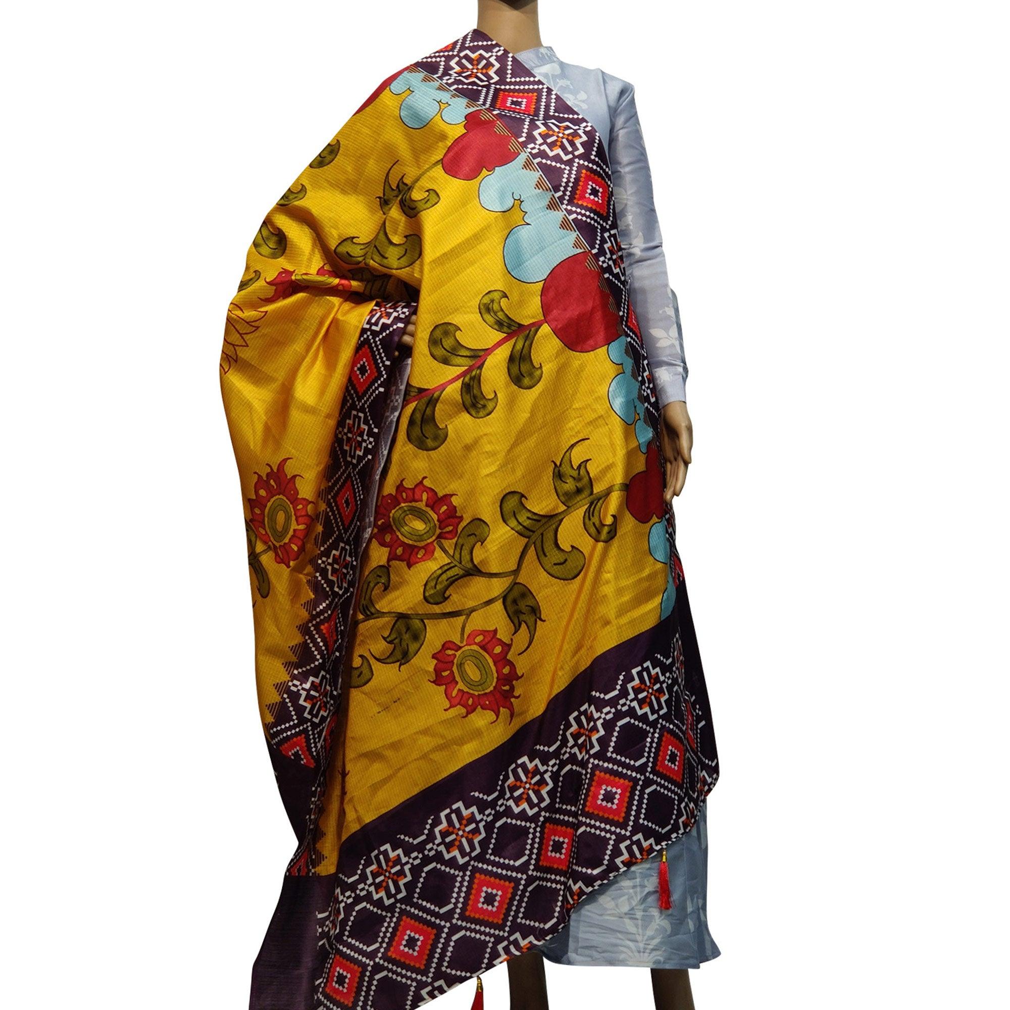 Intricate Yellow Colored Casual Wear Printed Cotton Silk Dupatta With Tassels - Peachmode