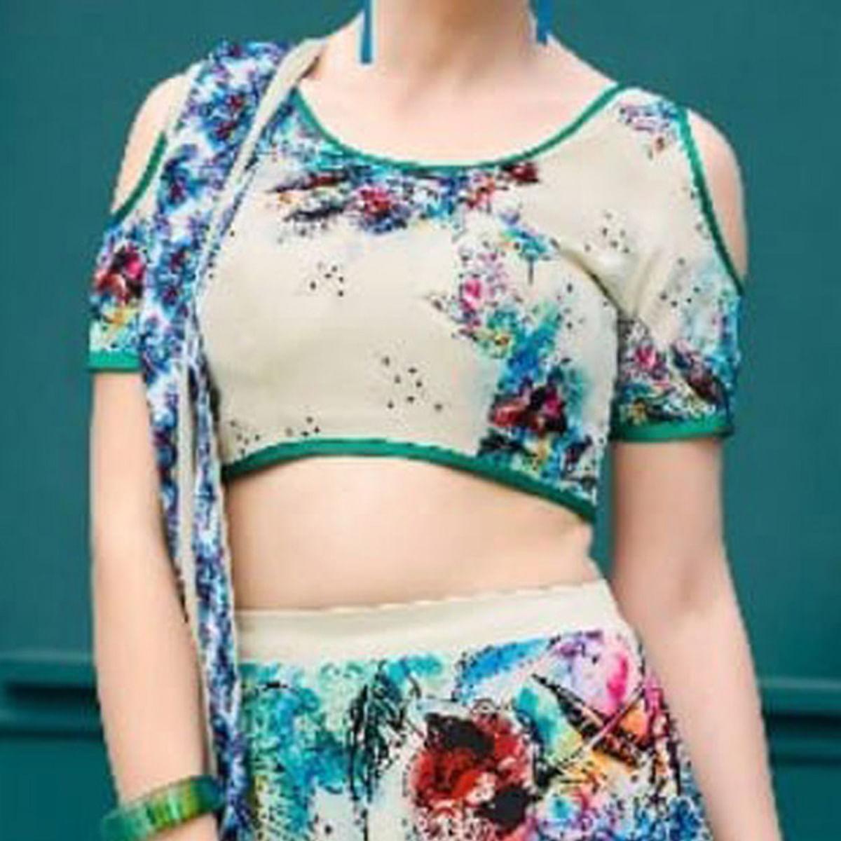 Invaluable Cream Colored Designer Partywear Digital Printed Silk Lehenga Choli - Peachmode