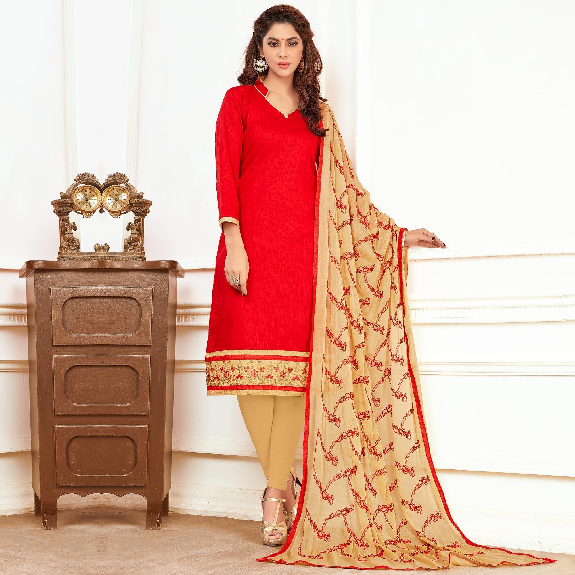 Invaluable Red Colored Casual Wear Cotton Suit - Peachmode