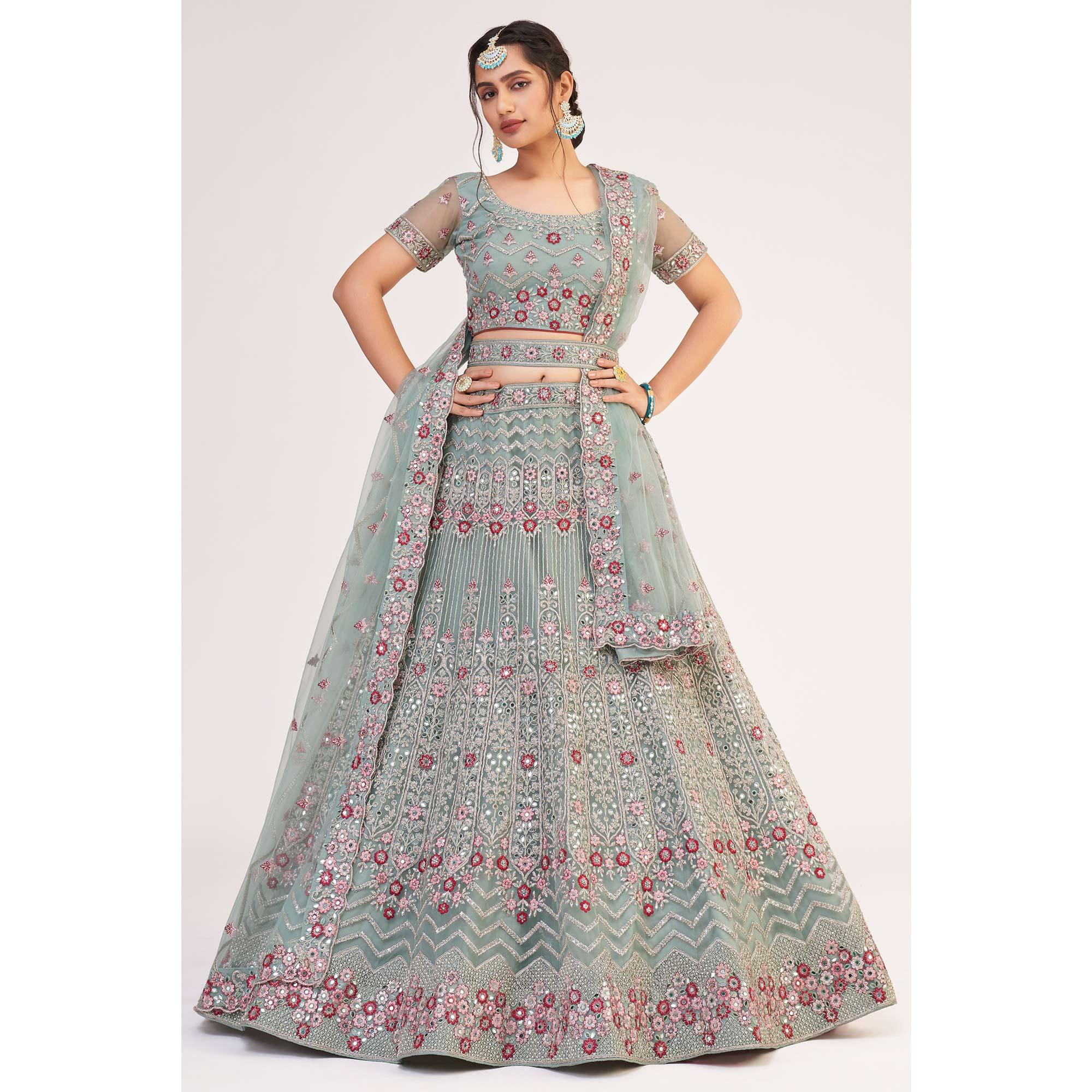 Jade Green Wedding Wear Embellished Heavy Butterfly Net Lehenga Choli - Peachmode