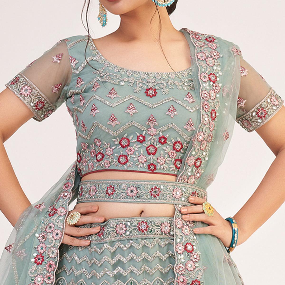 Jade Green Wedding Wear Embellished Heavy Butterfly Net Lehenga Choli - Peachmode