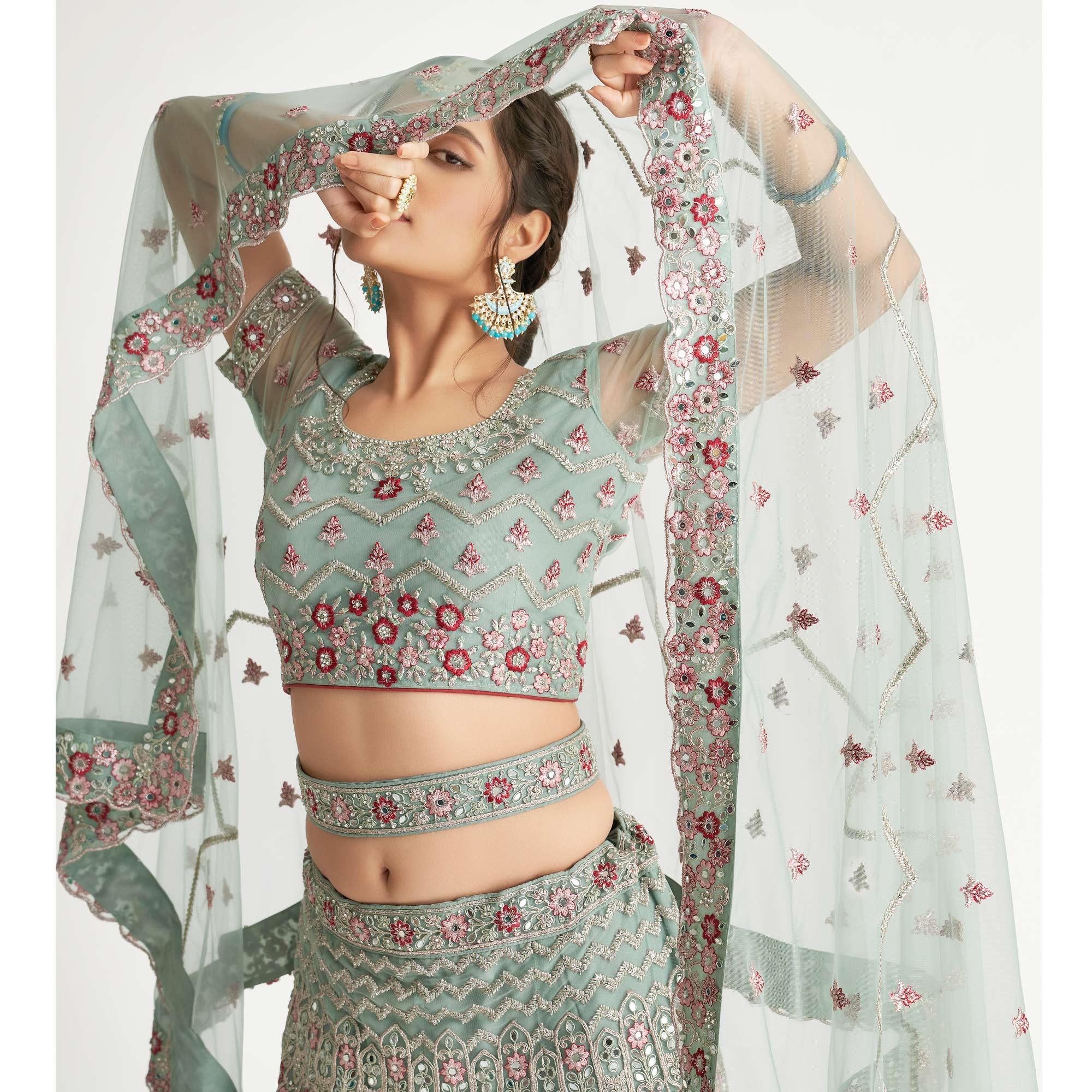 Jade Green Wedding Wear Embellished Heavy Butterfly Net Lehenga Choli - Peachmode