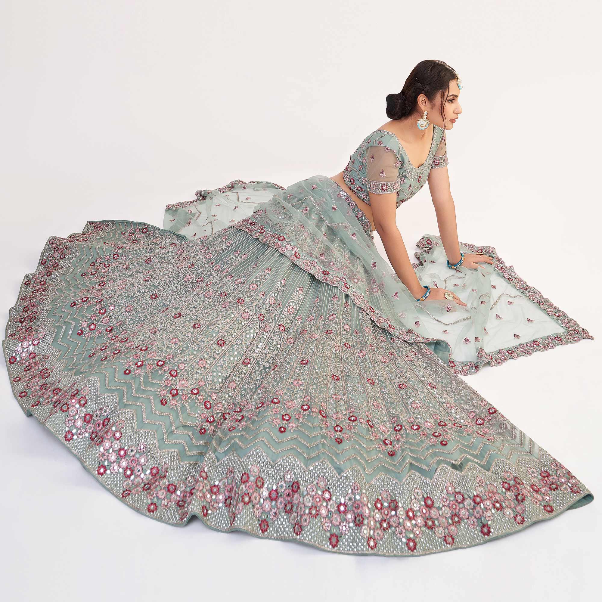 Jade Green Wedding Wear Embellished Heavy Butterfly Net Lehenga Choli - Peachmode