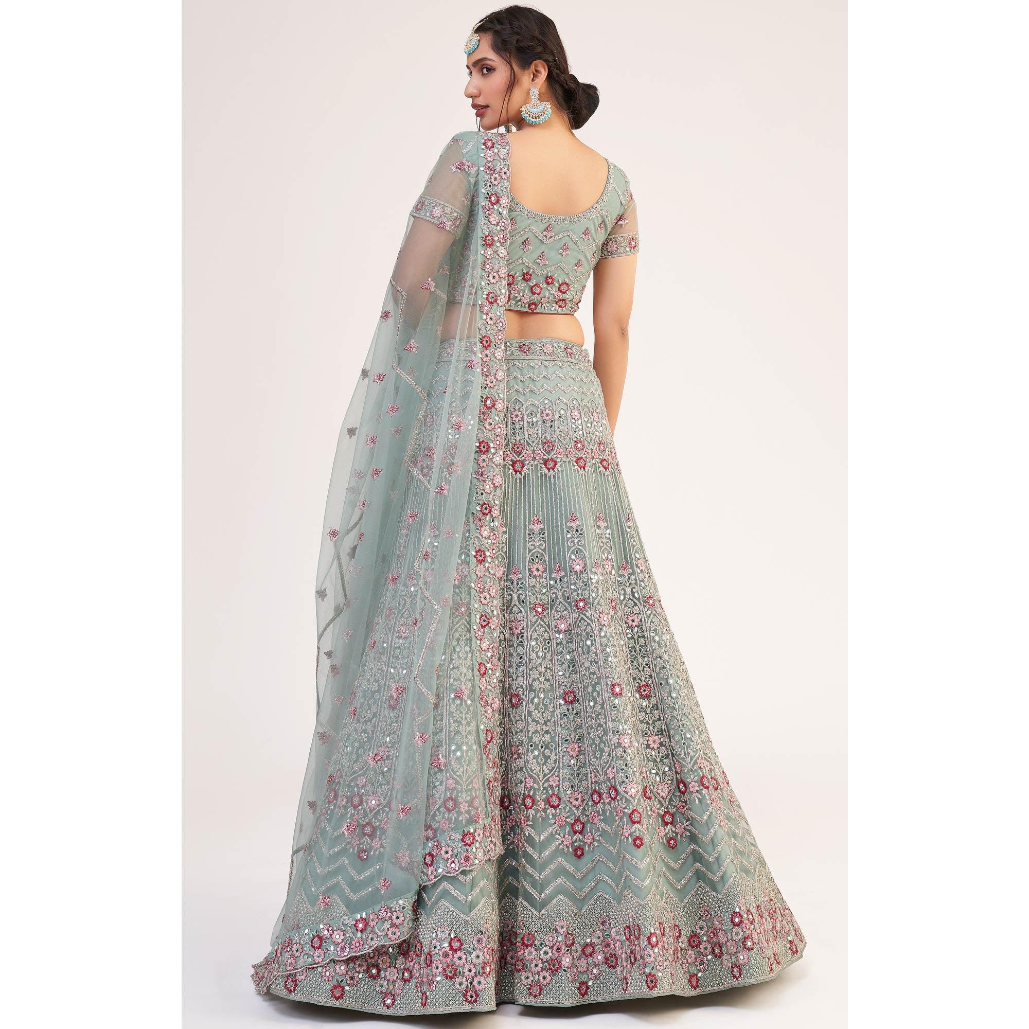 Jade Green Wedding Wear Embellished Heavy Butterfly Net Lehenga Choli - Peachmode