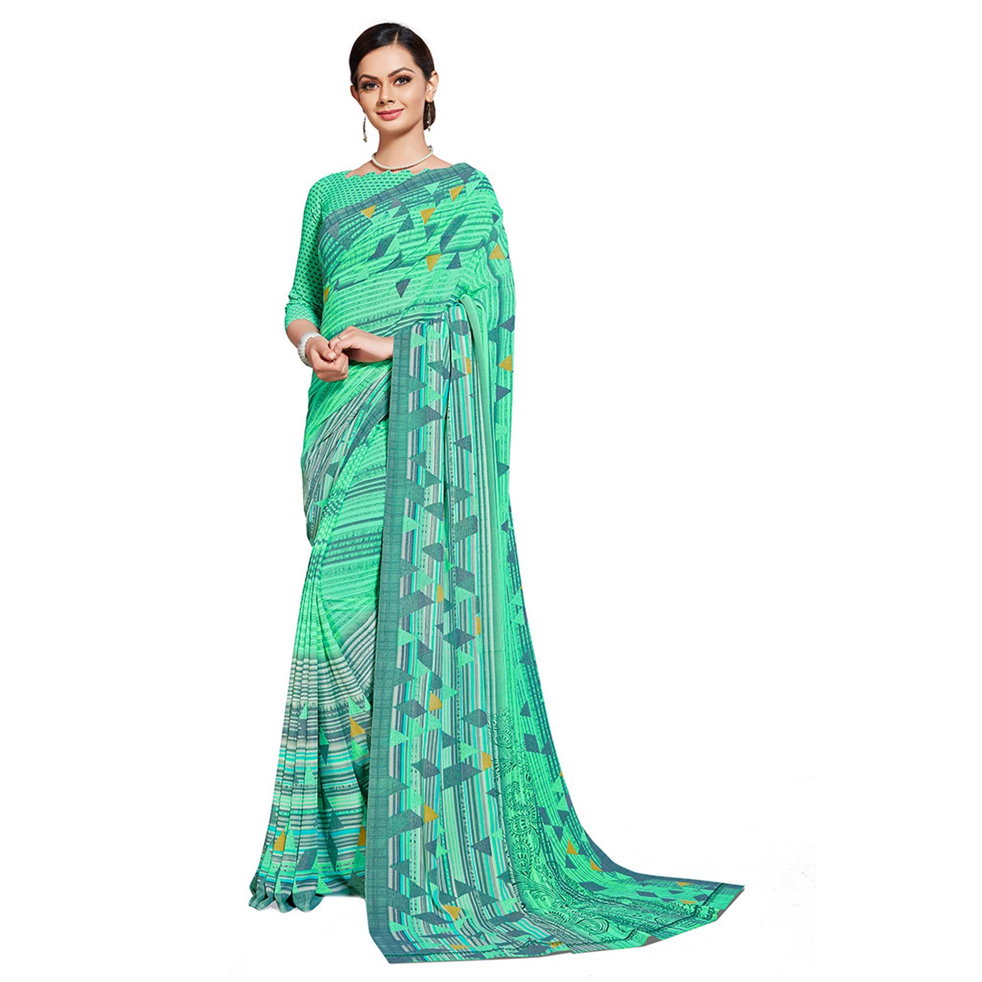 Jazzy Aqua Blue Colored Casual Printed Georgette Saree - Peachmode